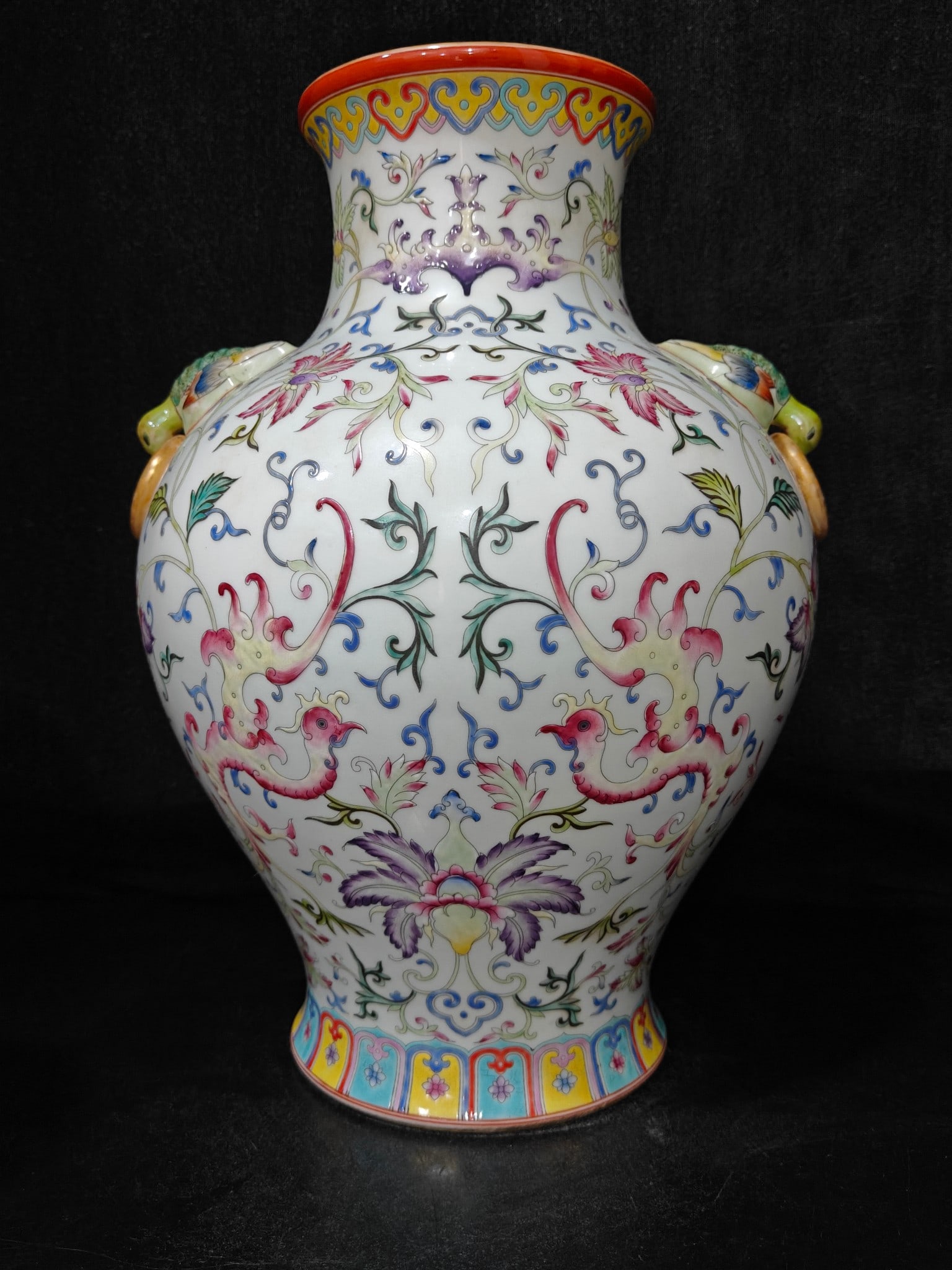 A Exquisite Enamel Lotus Pattern Double-Ears Vase: A Exquisite Enamel Lotus Pattern Double-Ears Vase,Qing Dynasty, China,Qianlong Six-character Mark,Size:14.2inx10.2inx5.1in