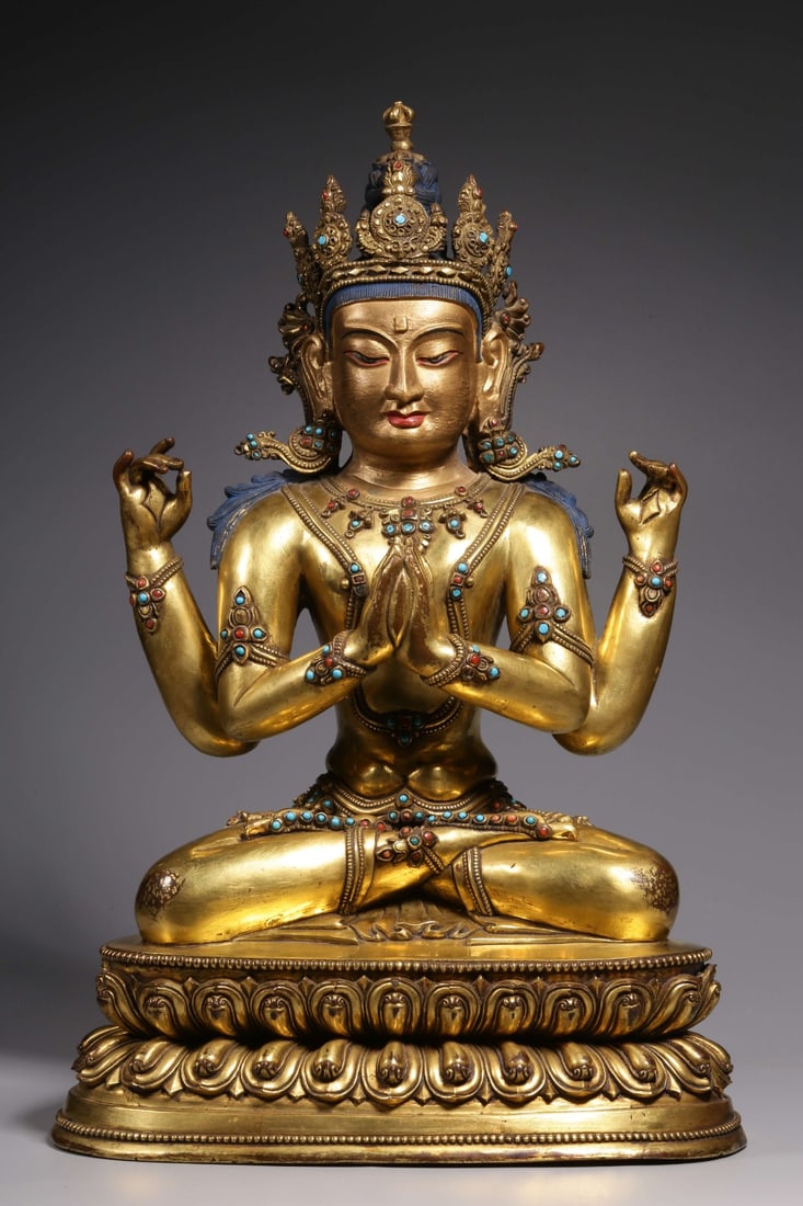 A Exquisite Gilt Bronze Inlaid Gems Statue of Avalokitesvara Ornament (1 of 9)