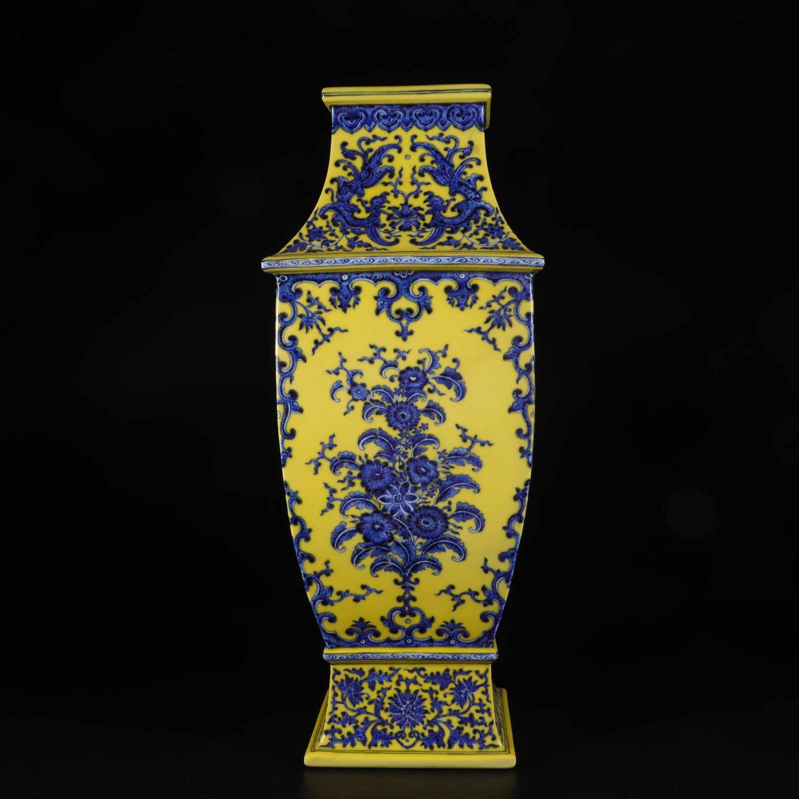 A Exquisite Lemon Yellow Glazed Blue and White Flower and Fruit Pattern Vase: A Exquisite Lemon Yellow Glazed Blue and White Flower and Fruit Pattern Vase,Qing Dynasty, China,Qianlong Six-character Mark,Size:17.1inx6.6in 柠檬黄釉青花花&