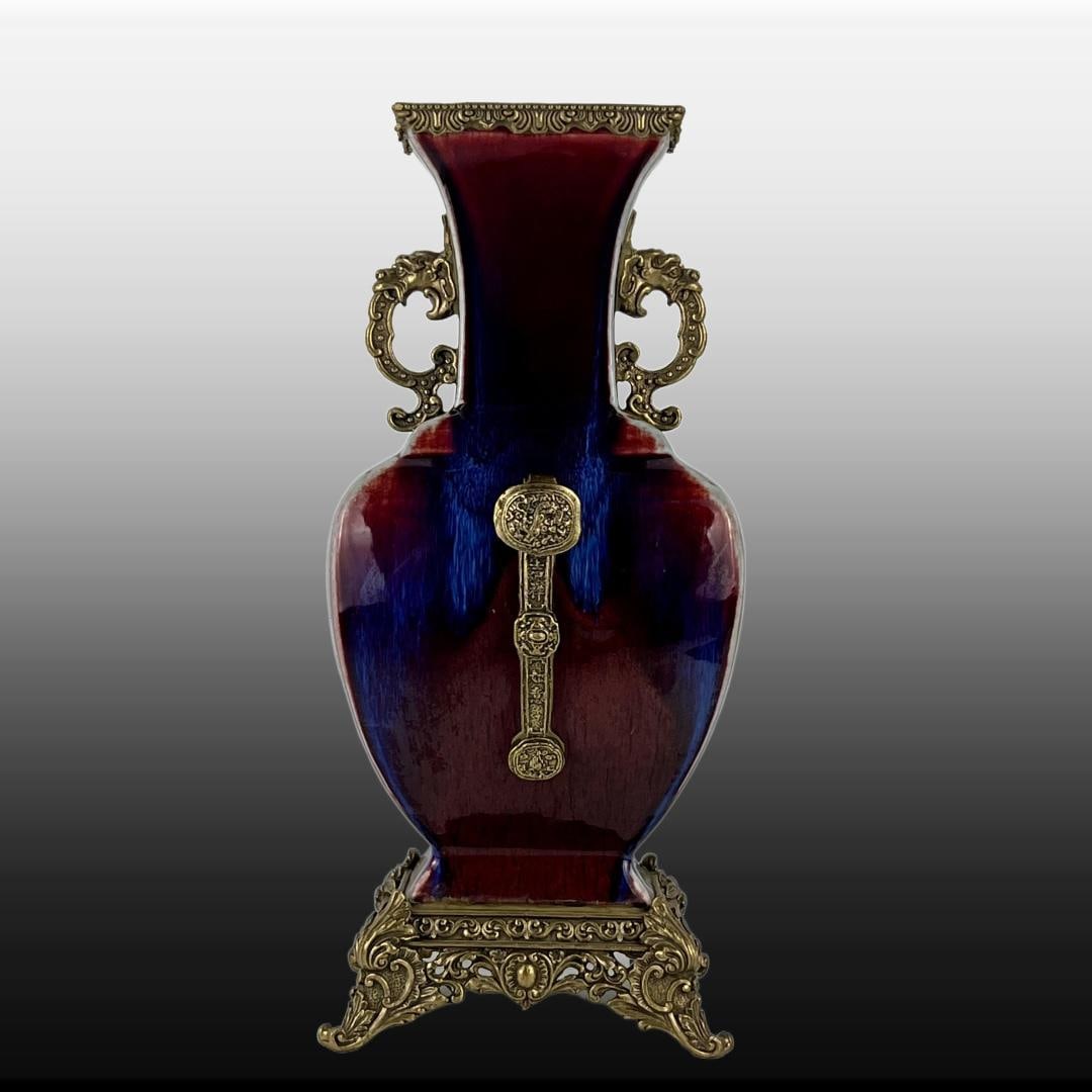 A Exquisite Langyao Red Flambe Glaze Ruyi Ears Vase: A Exquisite Langyao Red Flambe Glaze Ruyi Ears Vase,Qing Dynasty, China,Yongzheng Six-character Mark,Size:17.3inx5.3inx7.5inx7.5in