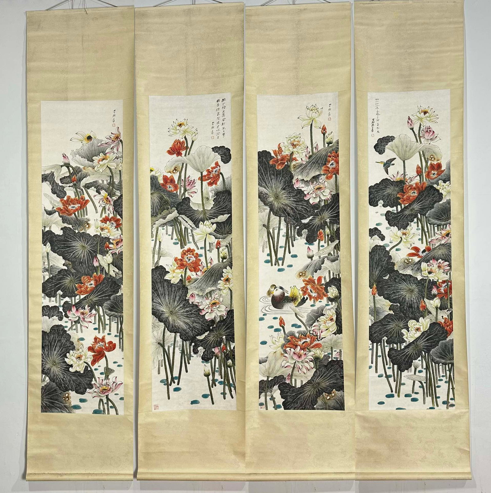 A Set of Chinese Vertical Scroll Ink Paintings of Flowers on Paper: A Set of Chinese Vertical Scroll Ink Paintings of Flowers on Paper,Modern Time of China,Zhang Daqian,without frame size:66.9inx17.7in