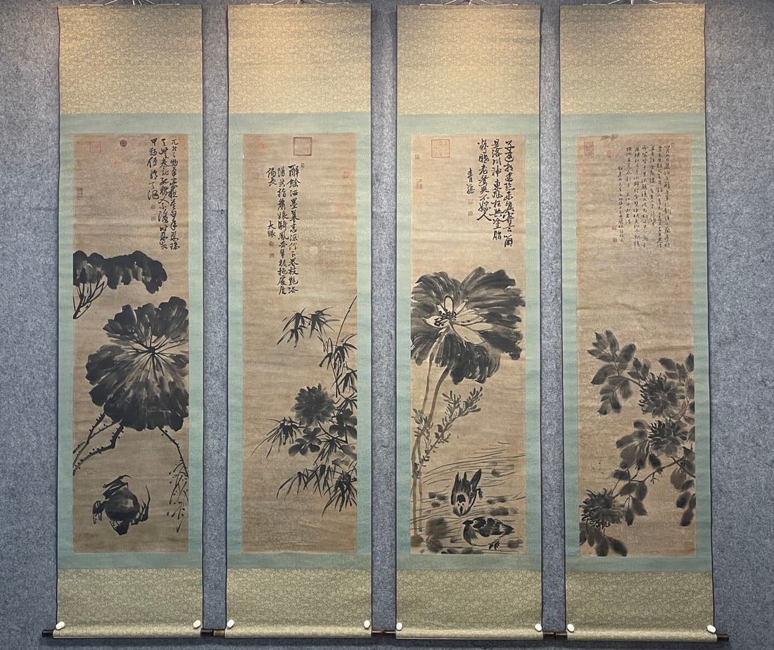 A Set of Chinese Vertical Scroll Ink Paintings of Flowers on Paper: A Set of Chinese Vertical Scroll Ink Paintings of Flowers on Paper,Ming Dynasty, China,Xu Wei,without frame size:19.7inx68.9in 一套中国水墨纸本花&