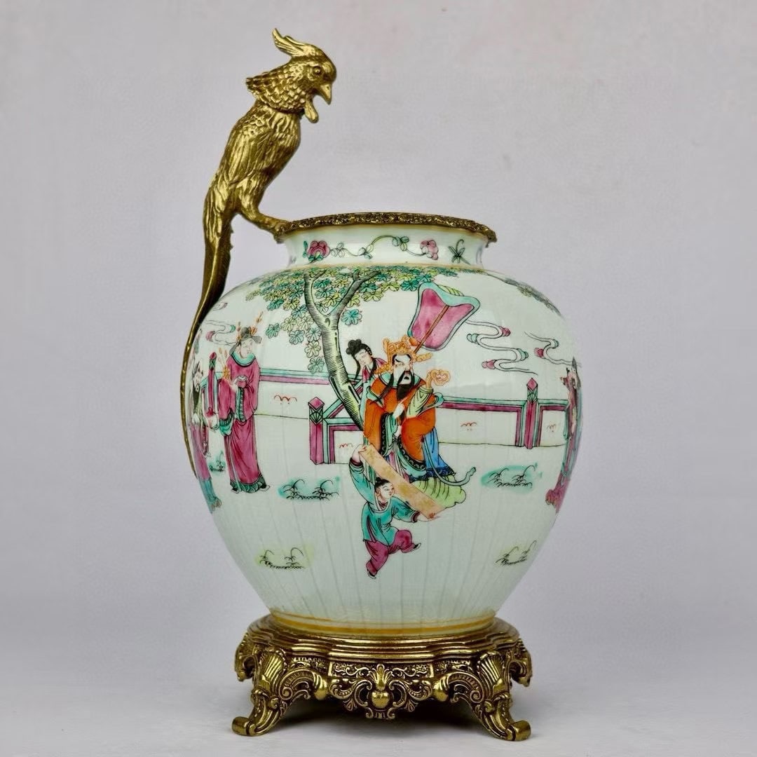 A Exquisite Famille-Rose Copper Inlay Character and Story Pattern Vase: A Exquisite Famille-Rose Copper Inlay Character and Story Pattern Vase,Qing Dynasty, China,Tongzhi Six-character Mark,Size:16.1inx5.1inx8.7inx6.7in 粉彩镶铜人物