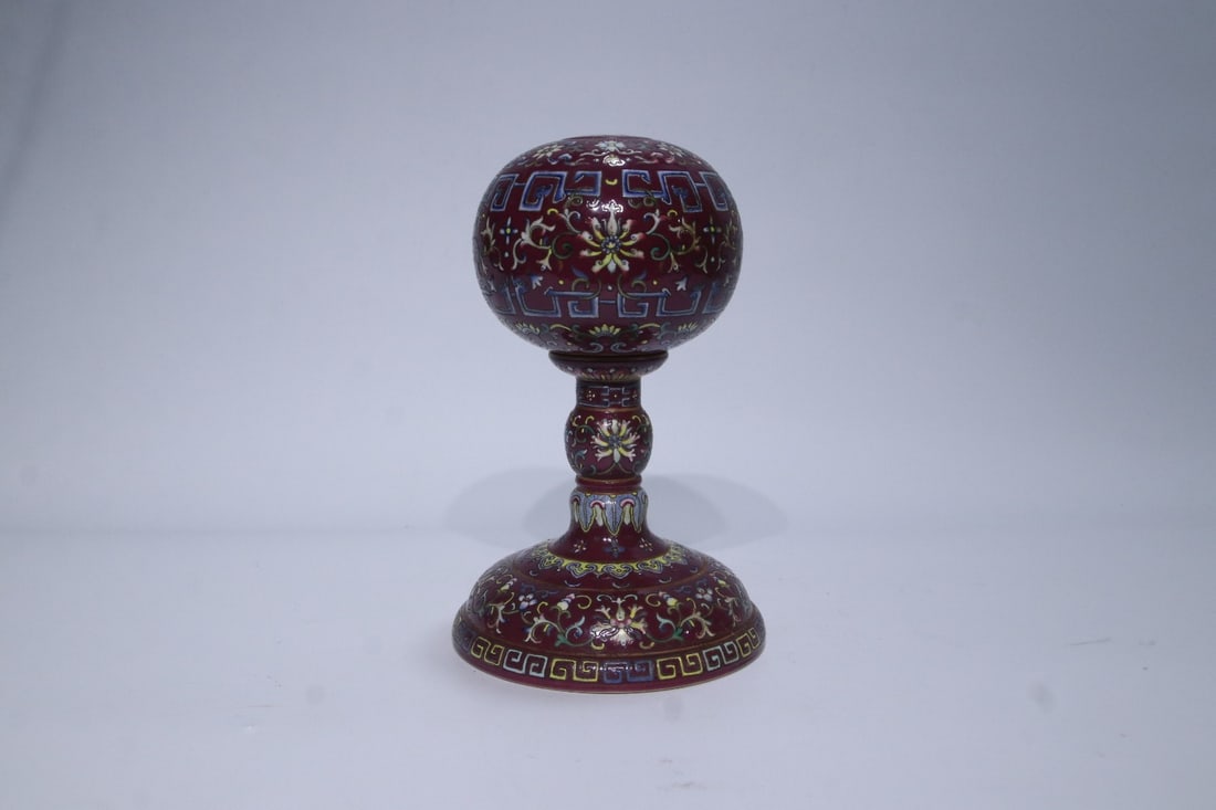 A Exquisite Famille-Rose Red Ground Lotus Pattern Hatstand: A Exquisite Famille-Rose Red Ground Lotus Pattern Hatstand,Qing Dynasty, China,Qianlong Six-character Mark,Size:8.9inx5.6in 粉彩红地缠枝莲纹官