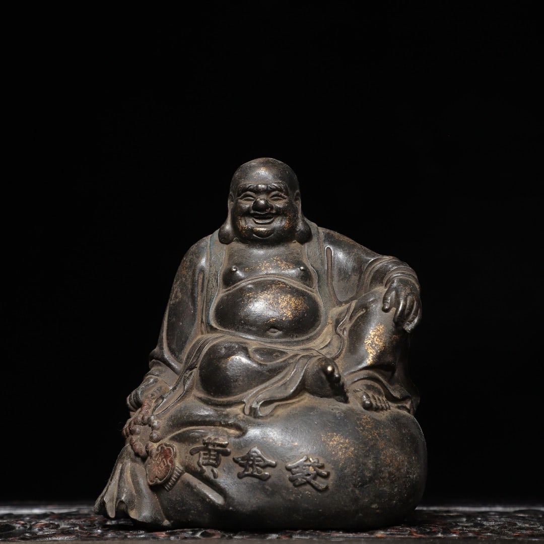 A Exquisite Gold-Foiled Bronze Statue of Maitreya Buddha Ornament: A Exquisite Gold-Foiled Bronze Statue of Maitreya Buddha Ornament,Qing Dynasty, China,Qianlong Four-character Mark,Size:5.9inx5.1inx3.5in,Weight:1700g