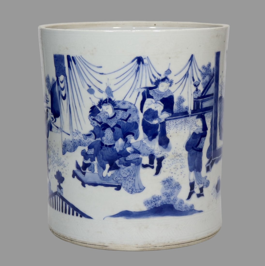 A Exquisite Blue and White Character and Story Pattern Brush Pot: A Exquisite Blue and White Character and Story Pattern Brush Pot,Ming Dynasty, China,Size:8.5inx7.7in