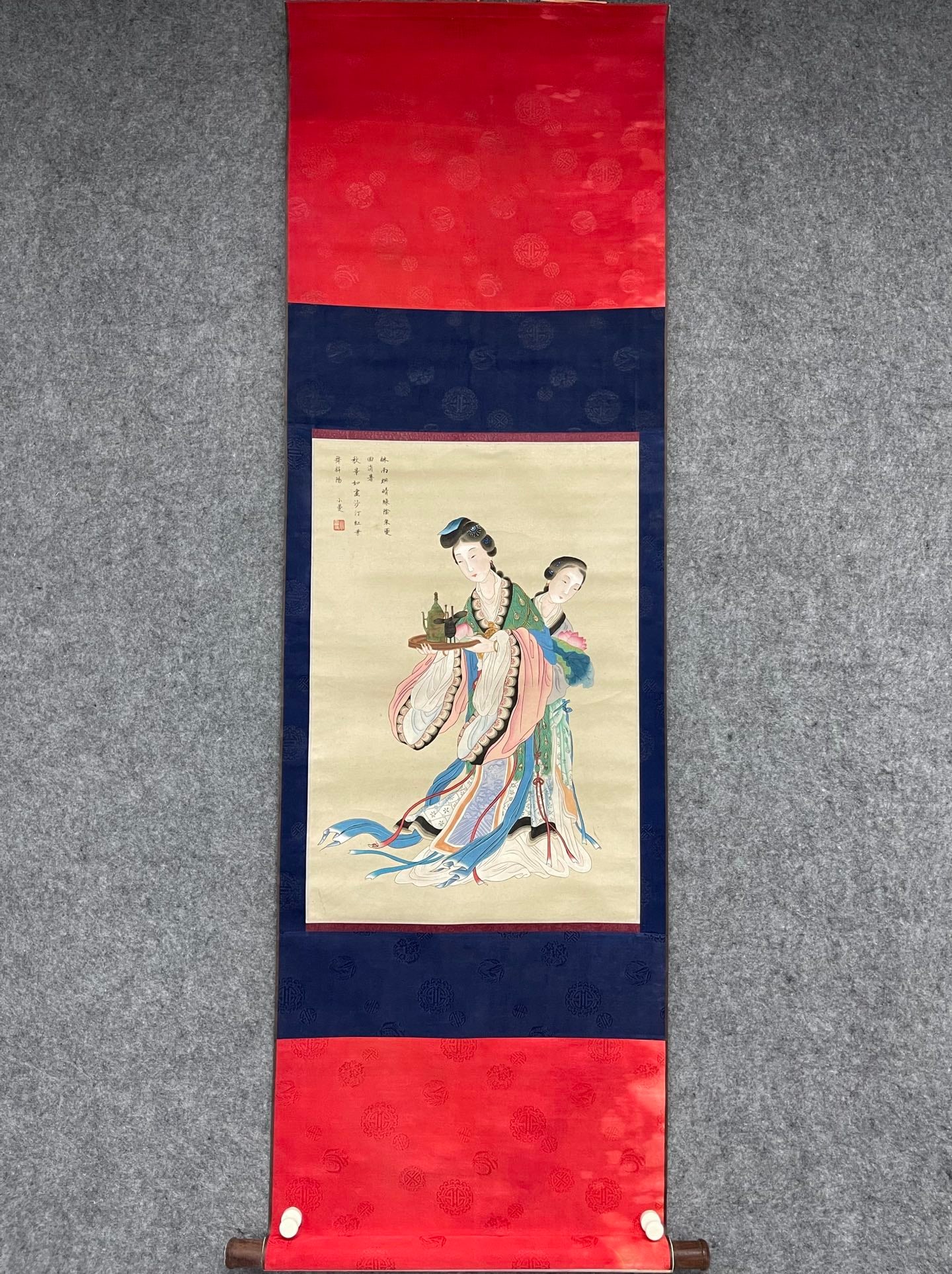 A Chinese Vertical Scroll Ink Painting of Figures on Paper: A Chinese Vertical Scroll Ink Painting of Figures on Paper,Modern Time of China,Lu Xiaoman,without frame size:17.7inx25.6in