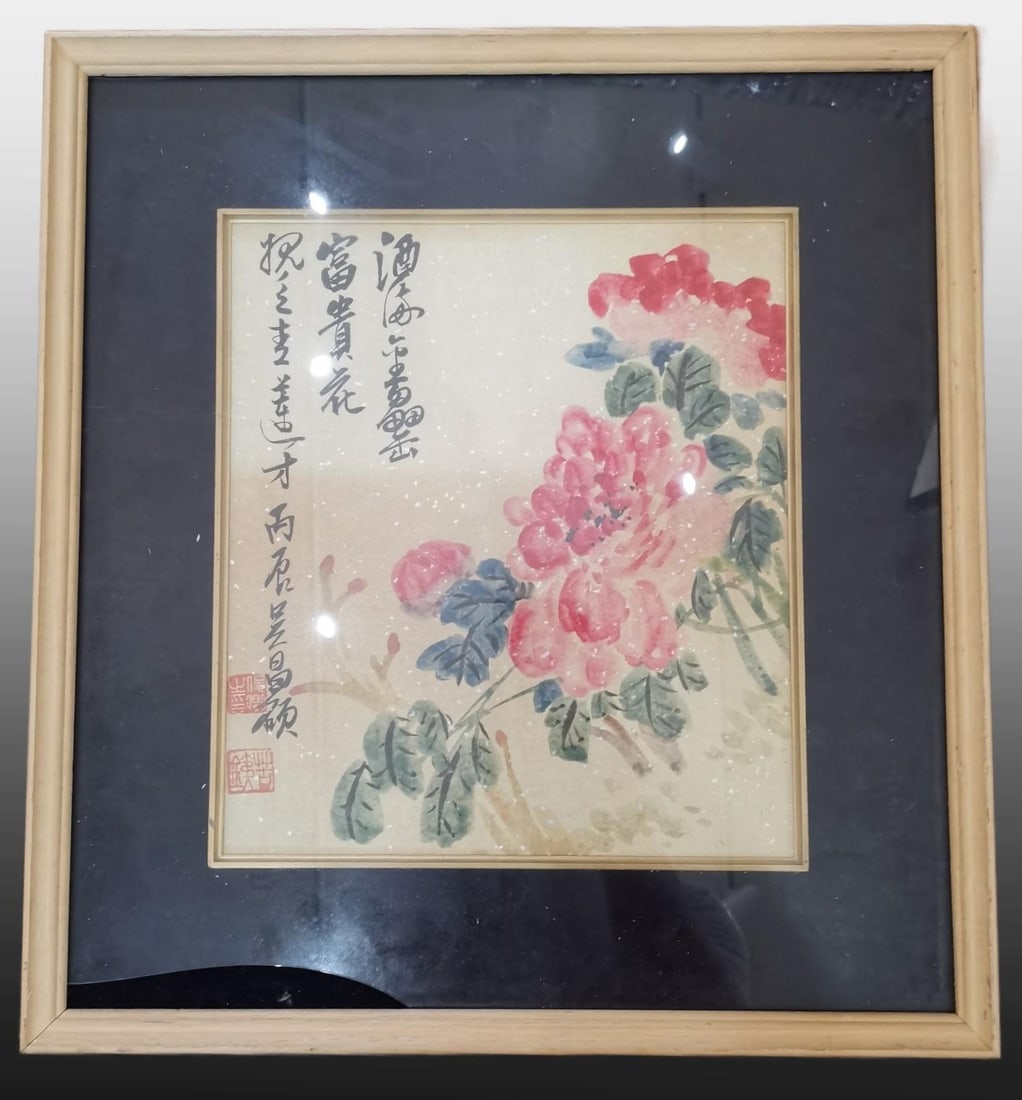 A Chinese Ink Flower Painting on Paper: A Chinese Ink Flower Painting on Paper,Modern Time of China,Wu Changshuo,without frame size:10.6inx9.4in 一幅中国水墨纸本花卉画,๡