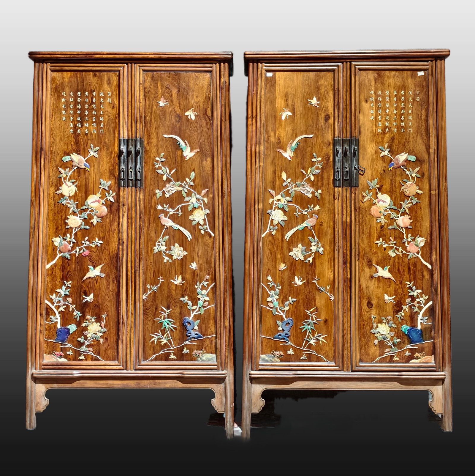A pair of Exquisite Zitanwood Flower and Bird Pattern Cabinets: A pair of Exquisite Zitanwood Flower and Bird Pattern Cabinets,Qing Dynasty, China,Size:66.9inx65.4inx17.7in 一对紫檀木花鸟纹柜子,中&#