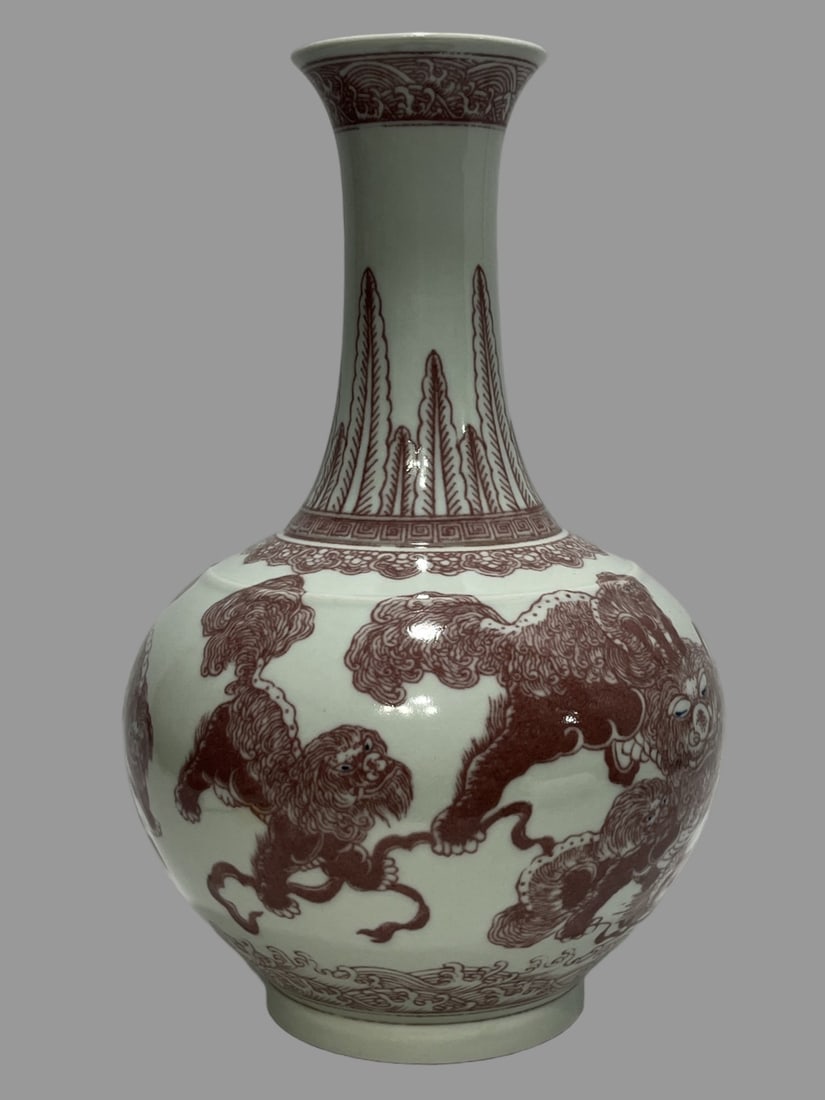 A Exquisite Underglaze-Red Lion Pattern Vase: A Exquisite Underglaze-Red Lion Pattern Vase,Qing Dynasty, China,Guangxu Six-character Mark,Size:15.2in