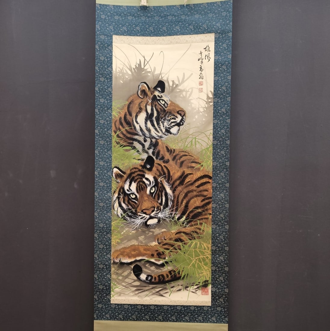 A Chinese Vertical Scroll Ink Painting of Tigers on Silk (1 of 9)