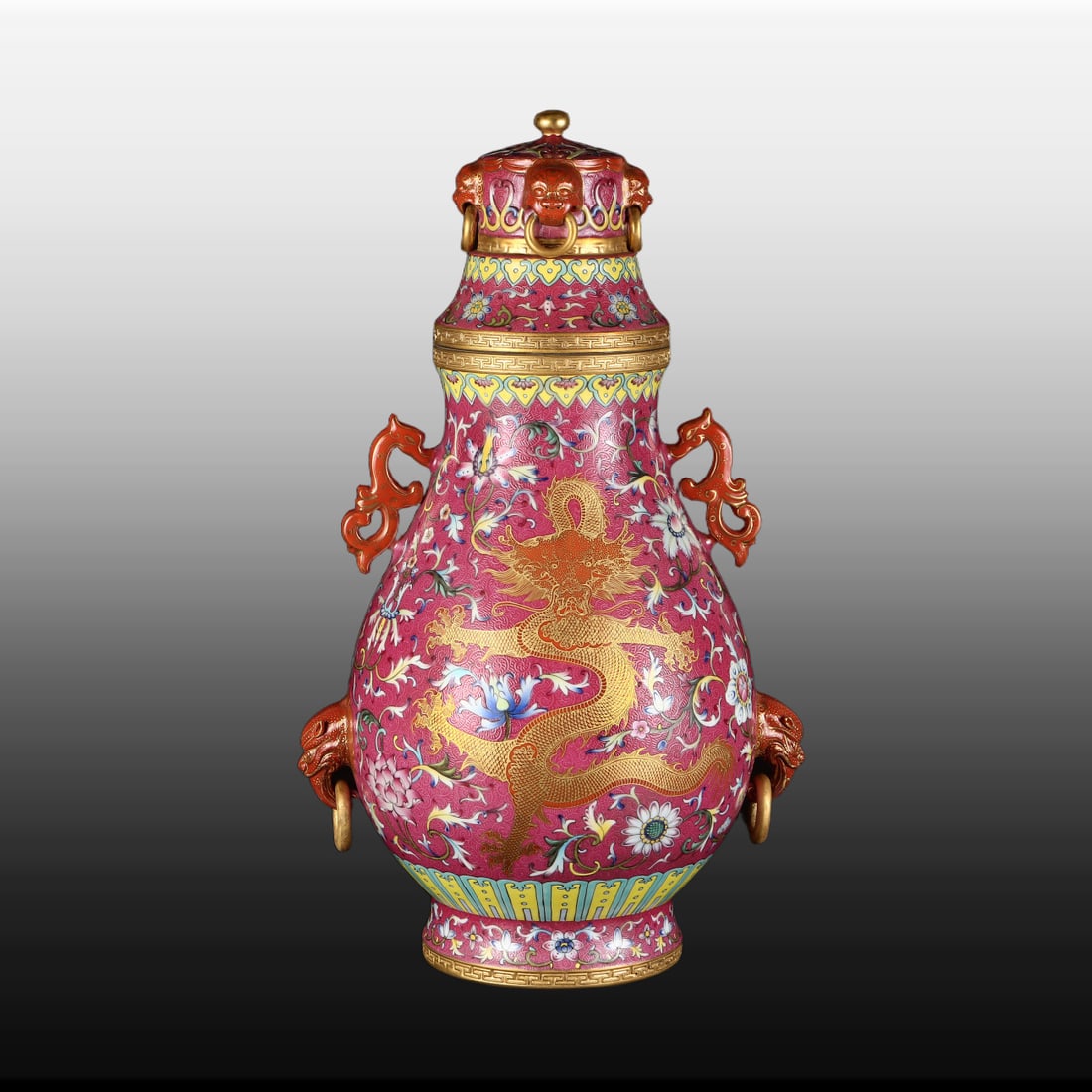 A Exquisite Ruby Red-Glazed Painted Gold Dragon Pattern Vase: A Exquisite Ruby Red-Glazed Painted Gold Dragon Pattern Vase,Qing Dynasty, China,Qianlong Six-character Mark,Size:18.9inx11.4in