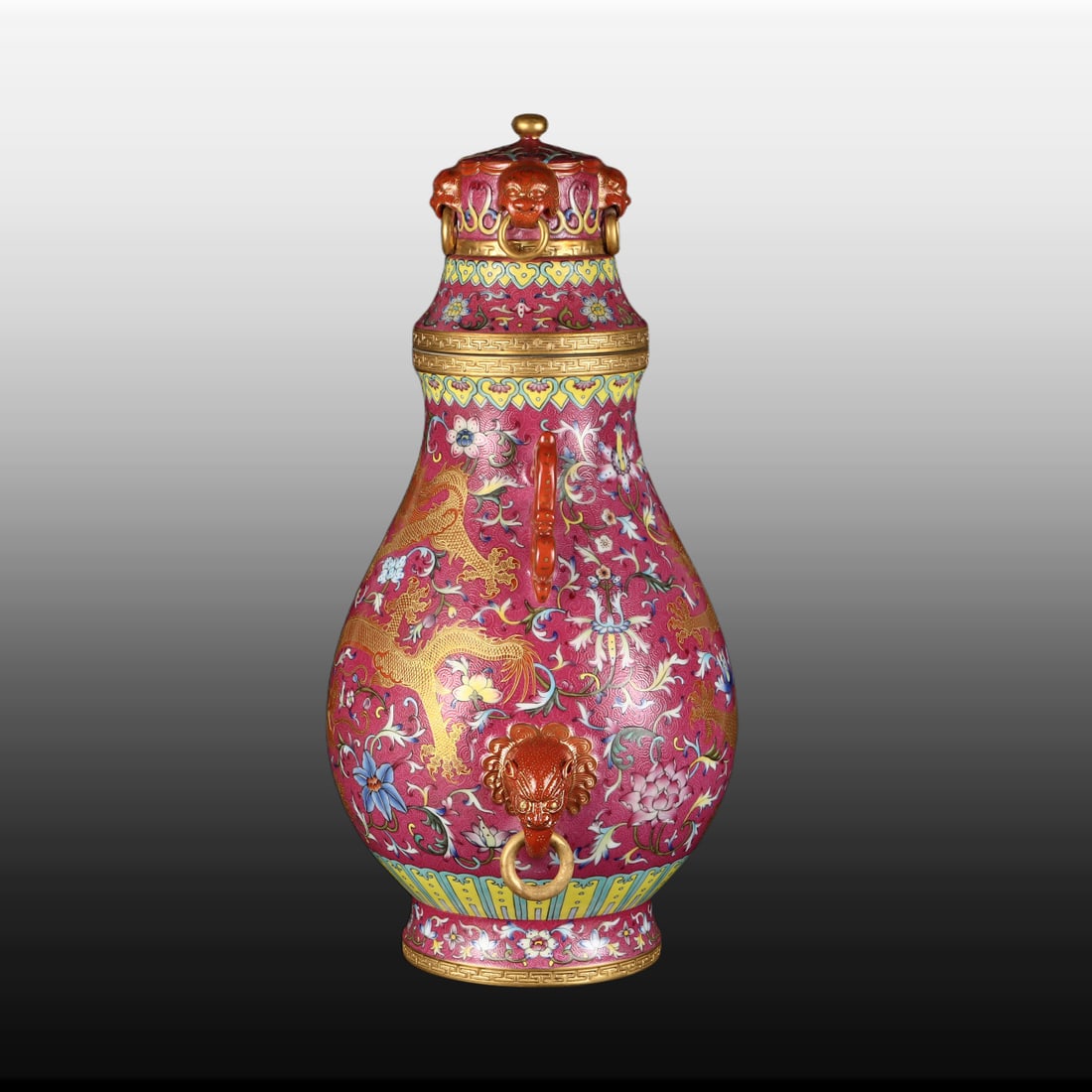 A Exquisite Ruby Red-Glazed Painted Gold Dragon Pattern Vase - 2