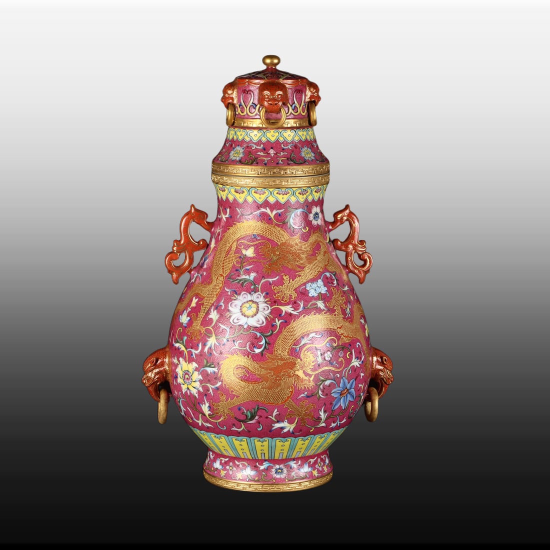 A Exquisite Ruby Red-Glazed Painted Gold Dragon Pattern Vase - 3