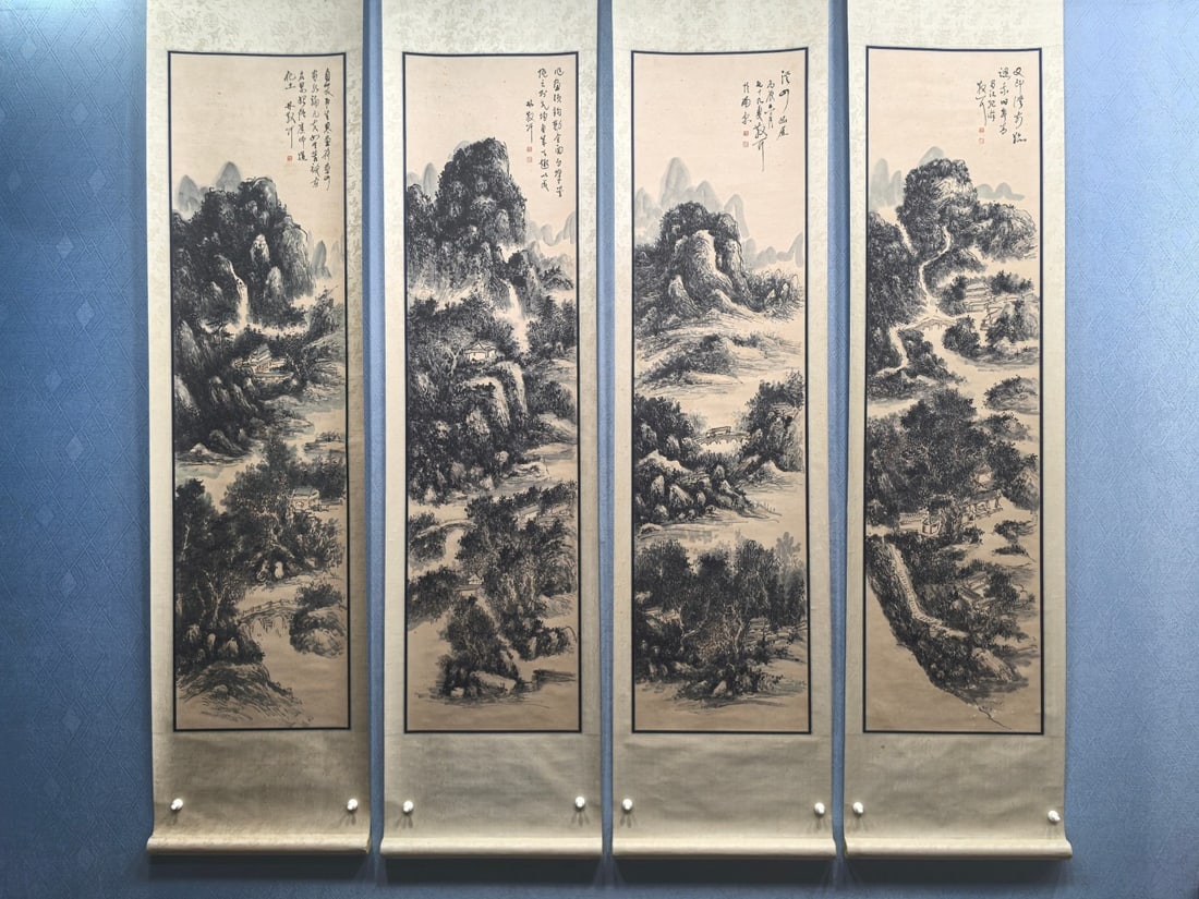 A Set of Chinese Vertical Scroll Ink Paintings of Landscape on Paper: A Set of Chinese Vertical Scroll Ink Paintings of Landscape on Paper,Modern Time of China,Lin Sanzhi,without frame size:13.5inx53.5in
