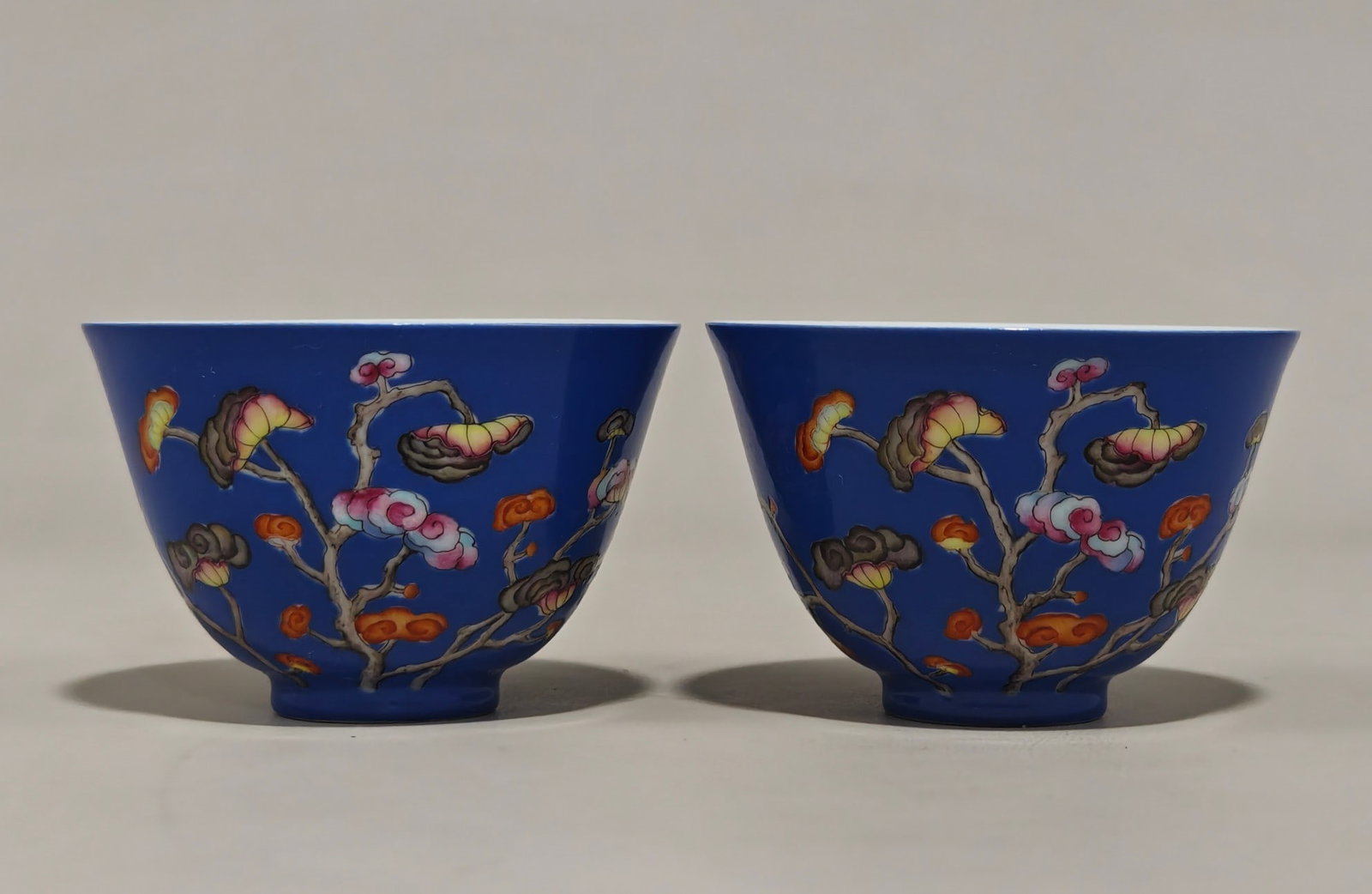 A pair of Exquisite Gems Blue Glazed Ganoderma lucidum Pattern Cup: A pair of Exquisite Gems Blue Glazed Ganoderma lucidum Pattern Cup,Qing Dynasty, China,Yongzheng Four-character Mark,Size:2inx2.9in