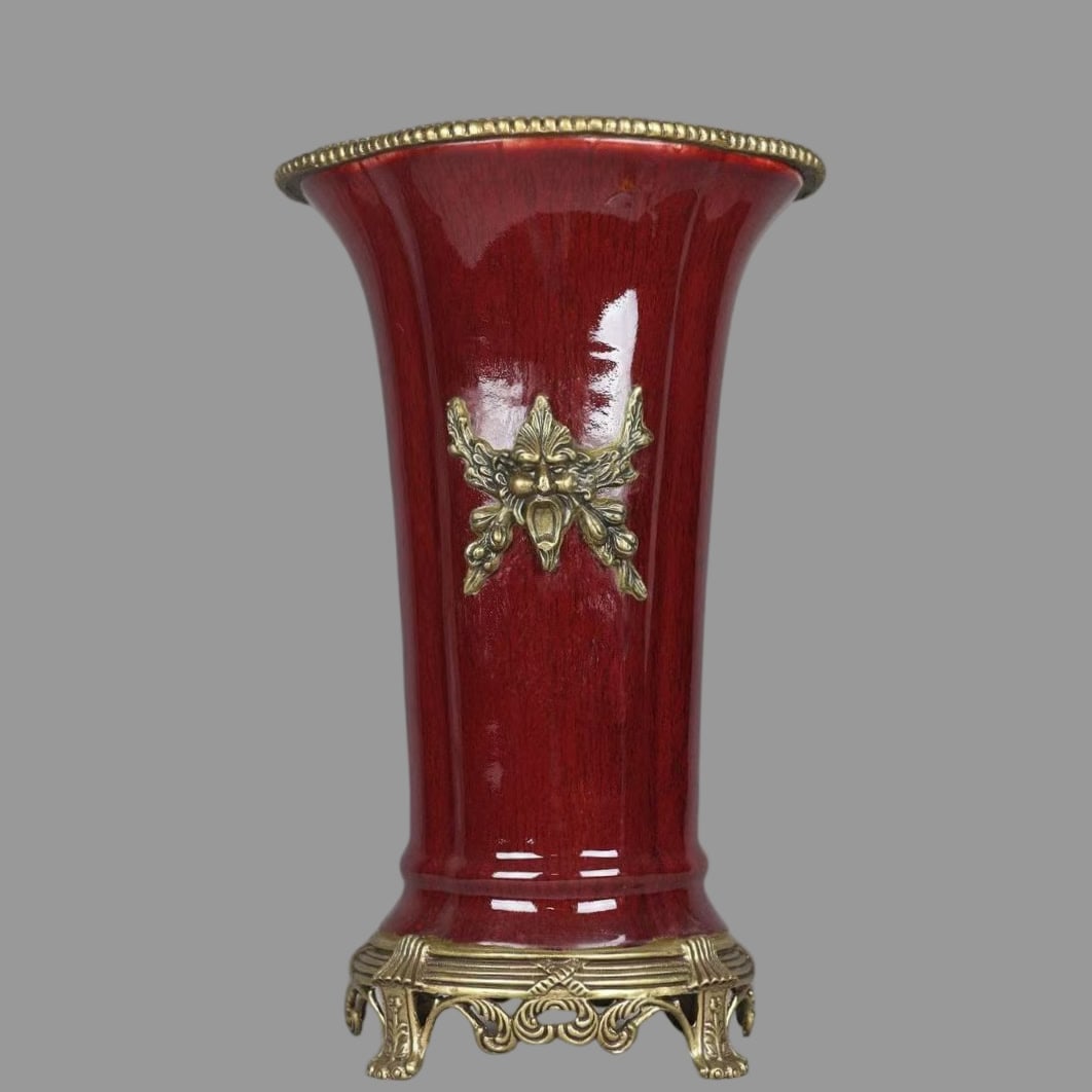 A Exquisite Ji Red Glazed Copper Inlay Vase: A Exquisite Ji Red Glazed Copper Inlay Vase,Qing Dynasty, China,Yongzheng Six-character Mark,Size:17.3inx10.6inx7.5in