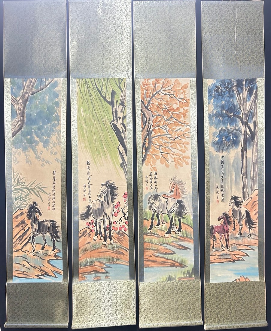 A Set of Chinese Ink Paintings of Horses on Paper: A Set of Chinese Ink Paintings of Horses on Paper,Modern Time of China,Xu Beihong,without frame size:50.8inx12.6in