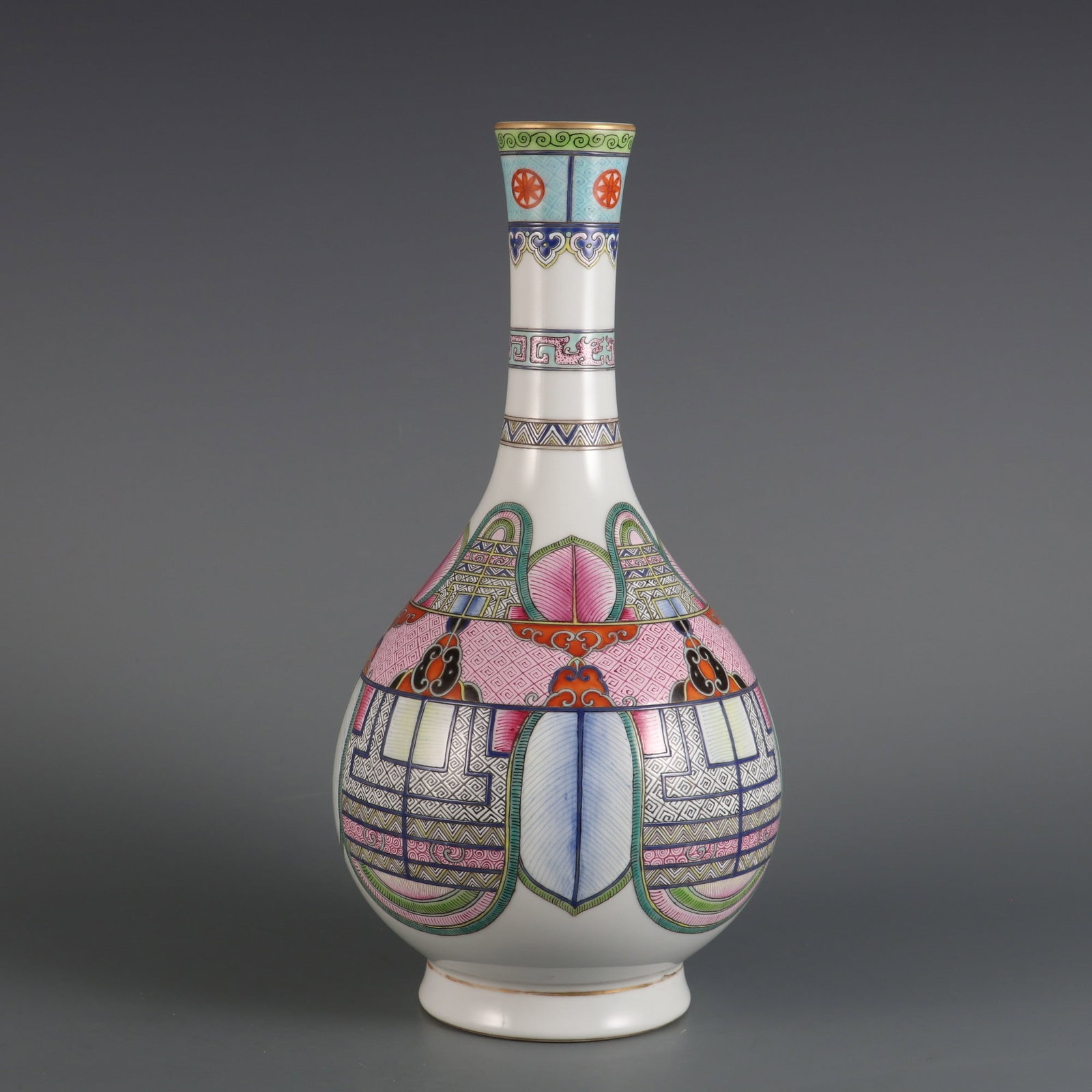 A Exquisite Famille-Rose Beast-Face Pattern Vase: A Exquisite Famille-Rose Beast-Face Pattern Vase,Qing Dynasty, China,Qianlong Six-character Mark,Size:12.6inx6.1inx1.9in
