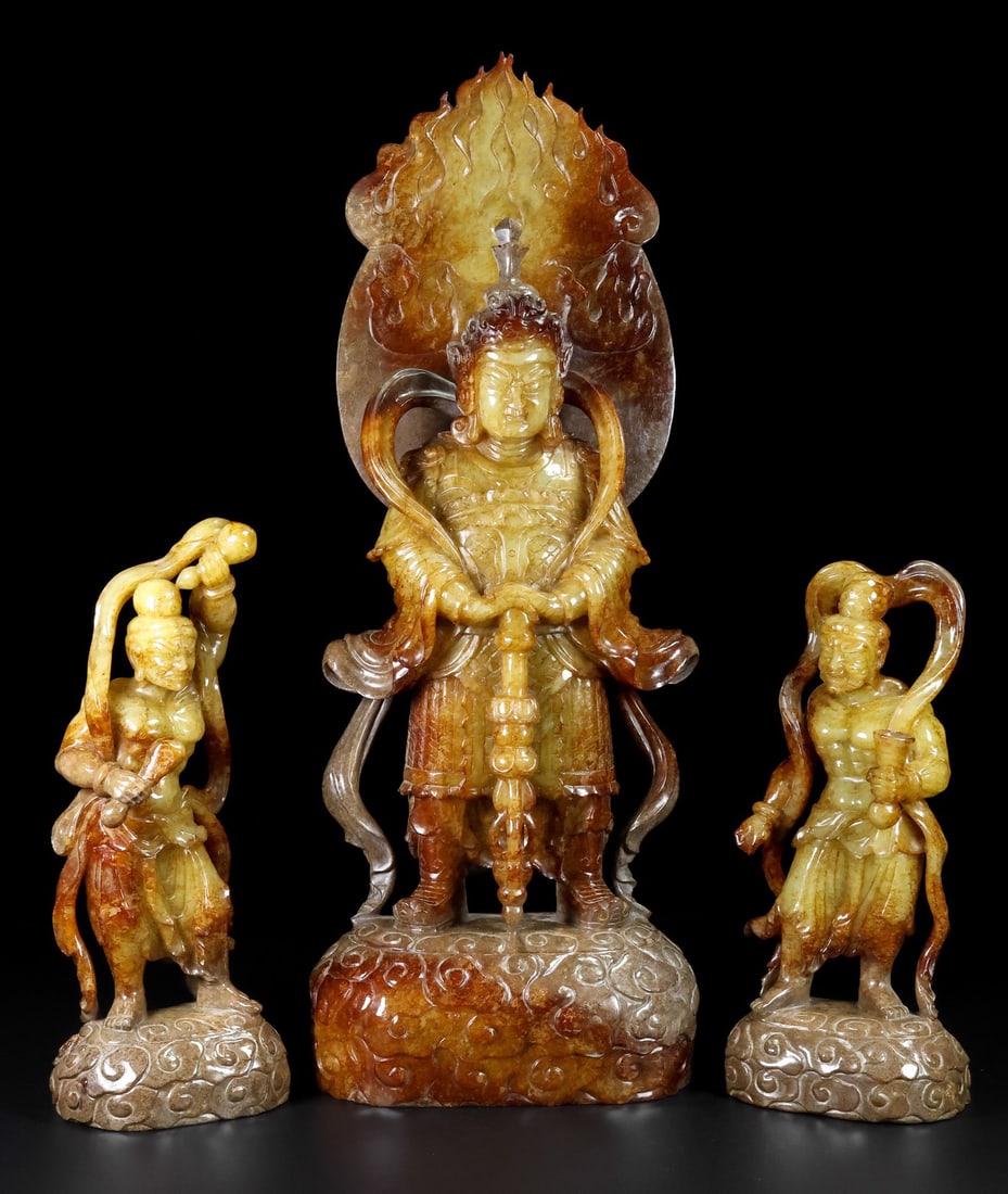 A Set of Exquisite Hotan Jade Statue of Bodhisattva Ornament: A Set of Exquisite Hotan Jade Statue of Bodhisattva Ornament,Qing Dynasty, China,Size:7.5inx4.3inx19.7in,4.3inx3.1inx11in,Weight:12000g