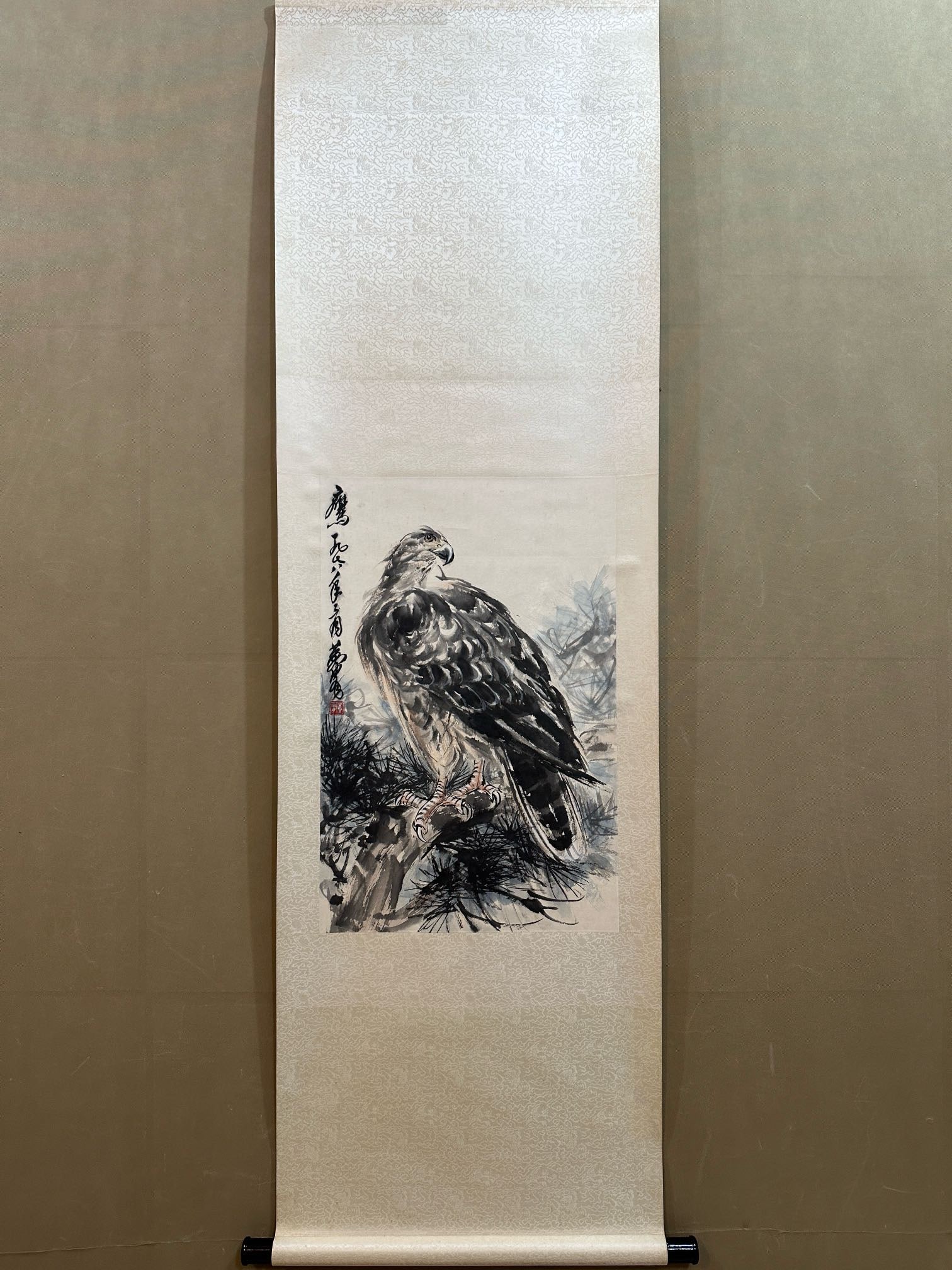 A Chinese Vertical Scroll Ink Eagle Painting on Paper: A Chinese Vertical Scroll Ink Eagle Painting on Paper,Modern Time of China,Huang Zhou,without frame size:18.1inx27.6in