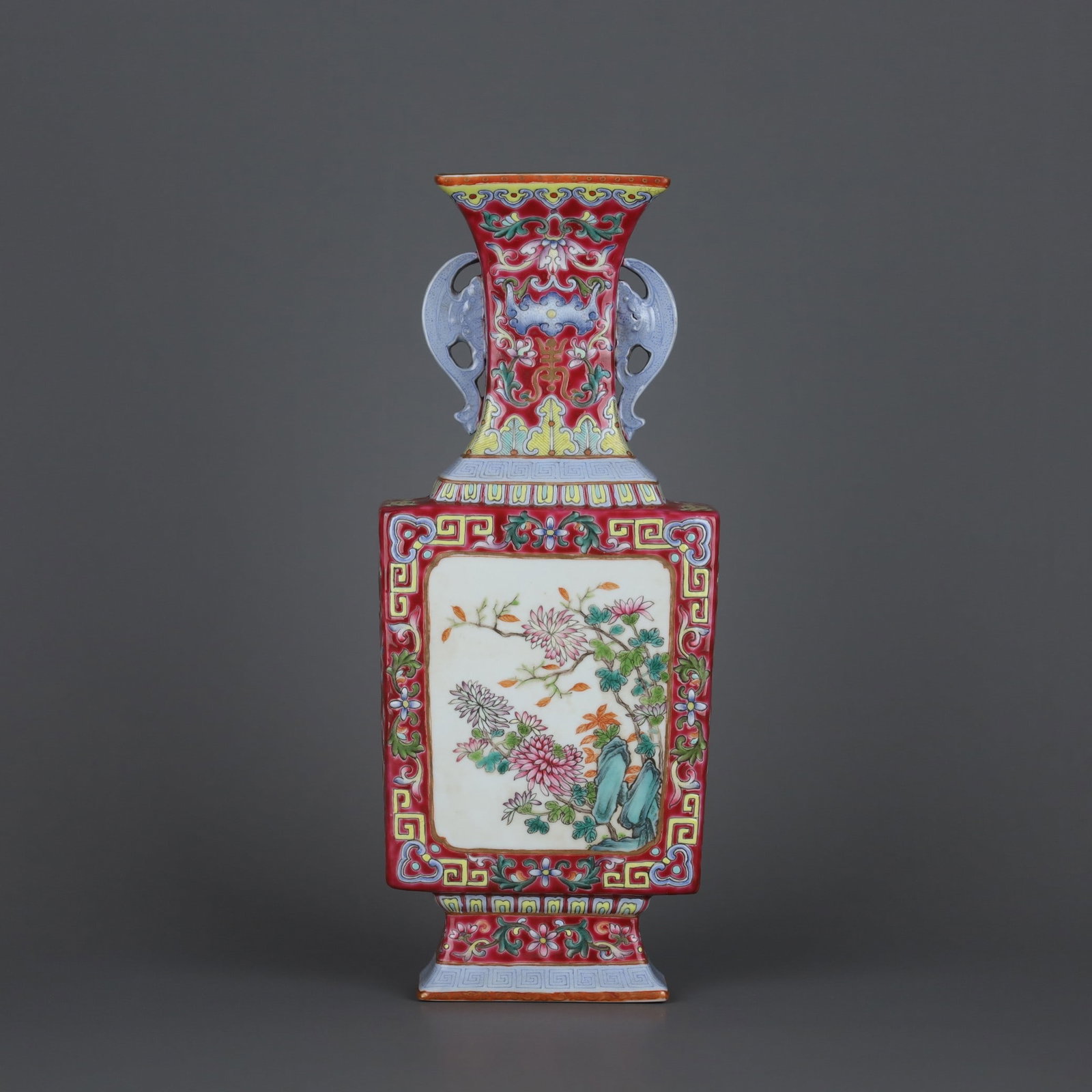 A Exquisite Ruby Red Ground Famille Rose Flower Pattern Vase: A Exquisite Ruby Red Ground Famille Rose Flower Pattern Vase,Qing Dynasty, China,Qianlong Six-character Mark,Size:8.7inx3.7in
