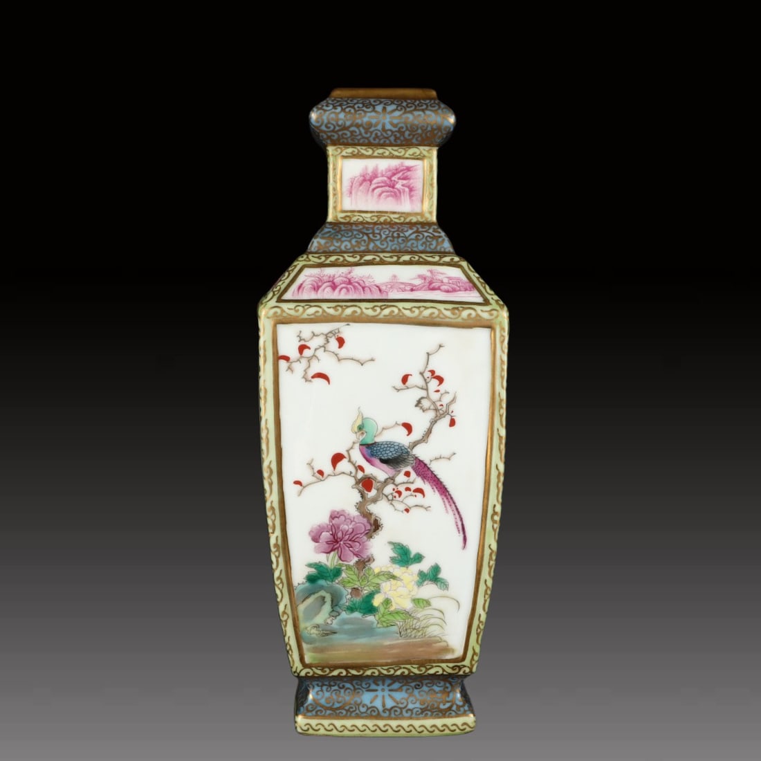 A Exquisite Enamel Painted Gold Flower and Bird Pattern Vase: A Exquisite Enamel Painted Gold Flower and Bird Pattern Vase,Qing Dynasty, China,Yongzheng Four-character Mark,Size:10.6inx3.9in 珐琅彩描金花鸟纹瓶