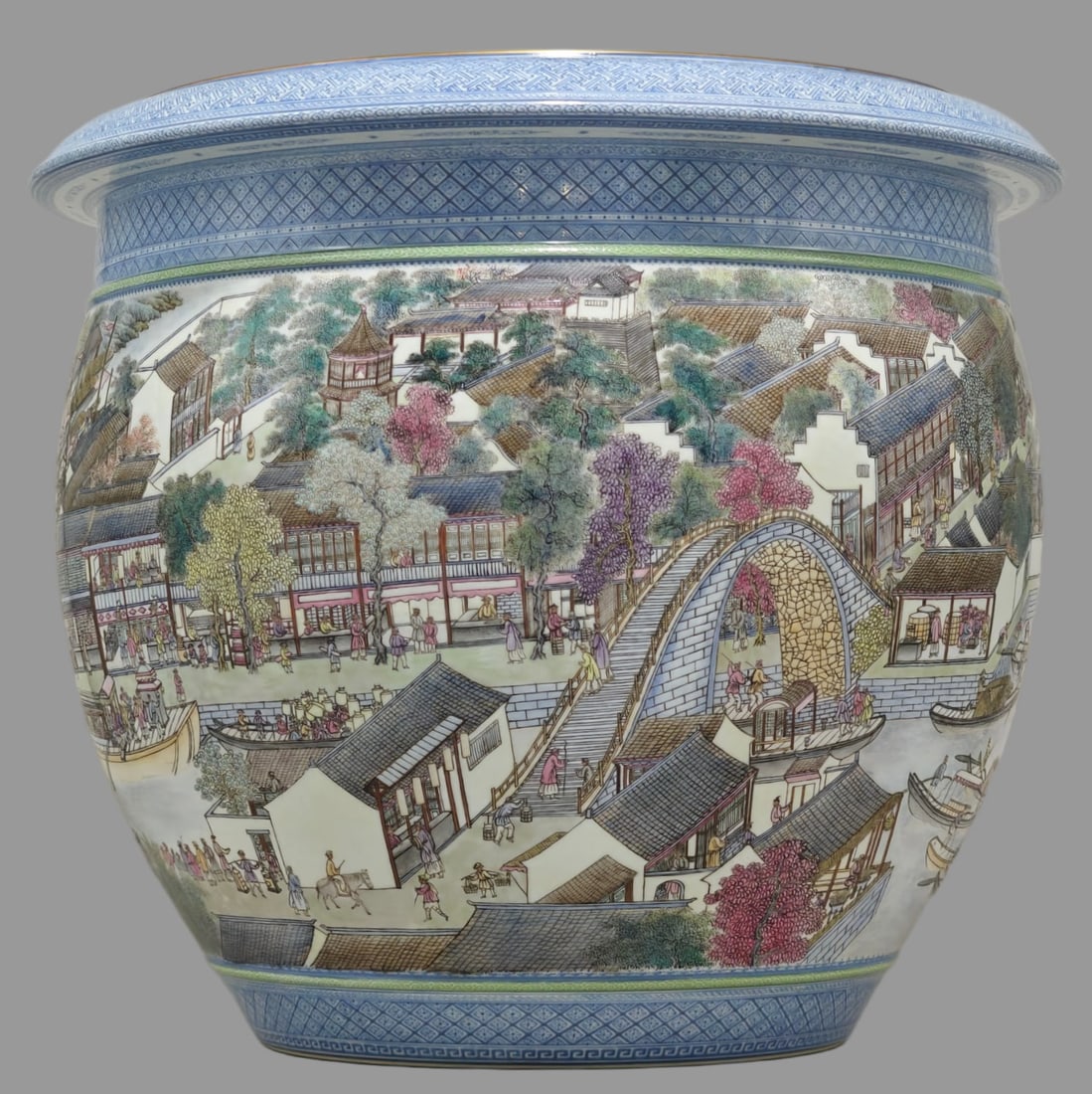 A Exquisite Famille-Rose Landscape Pattern Vat: A Exquisite Famille-Rose Landscape Pattern Vat,Qing Dynasty, China,Qianlong Four-character Mark,Size:15.7inx17.7in 粉彩山水纹缸,中国清代,