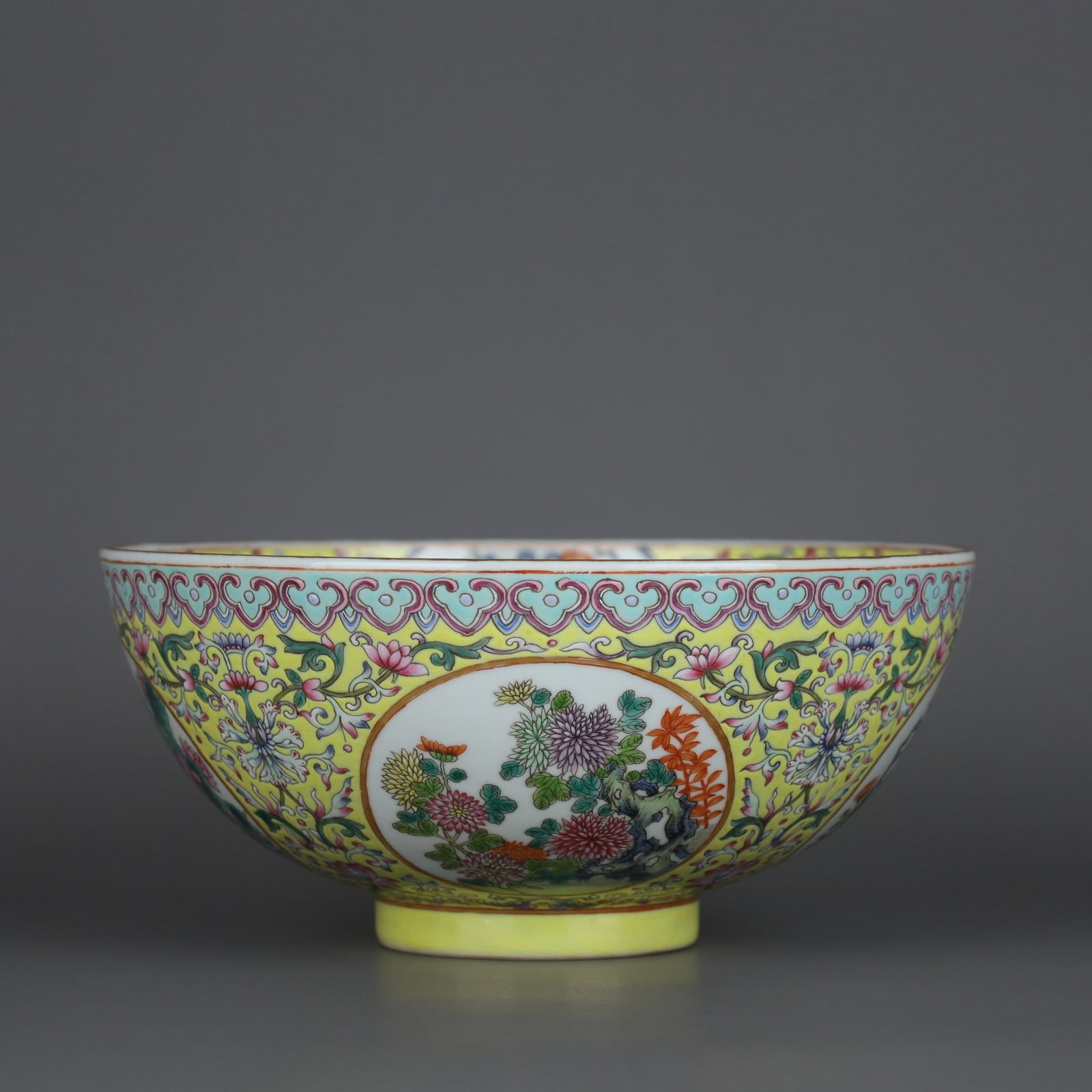 A Exquisite Yellow Ground Famille Rose Flower Pattern Bowl: A Exquisite Yellow Ground Famille Rose Flower Pattern Bowl,Qing Dynasty, China,Jiaqing Six-character Mark,Size:3.8inx8.5in 黄地粉彩花卉纹碗,中