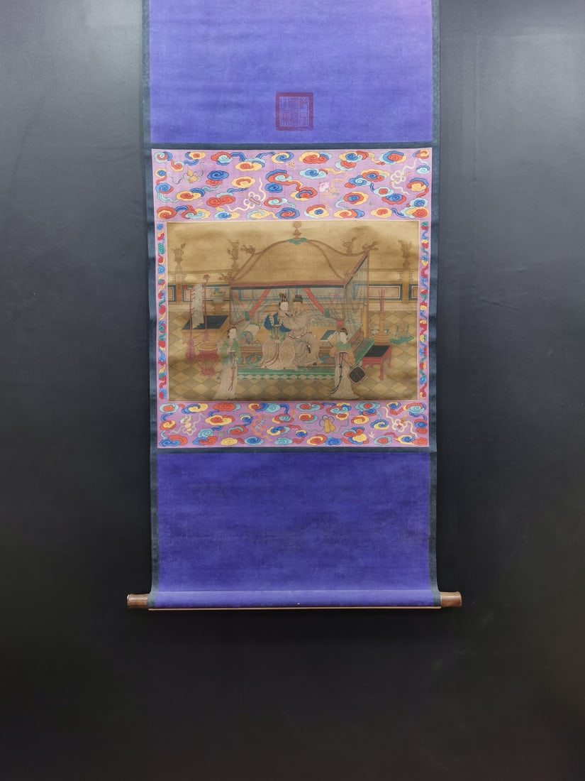 A Chinese Vertical Scroll Ink Painting of Figures on Silk: A Chinese Vertical Scroll Ink Painting of Figures on Silk,Ming Dynasty, China,Qiu Ying,without frame size:22.8inx16.5in 一幅中国水墨绢本人物