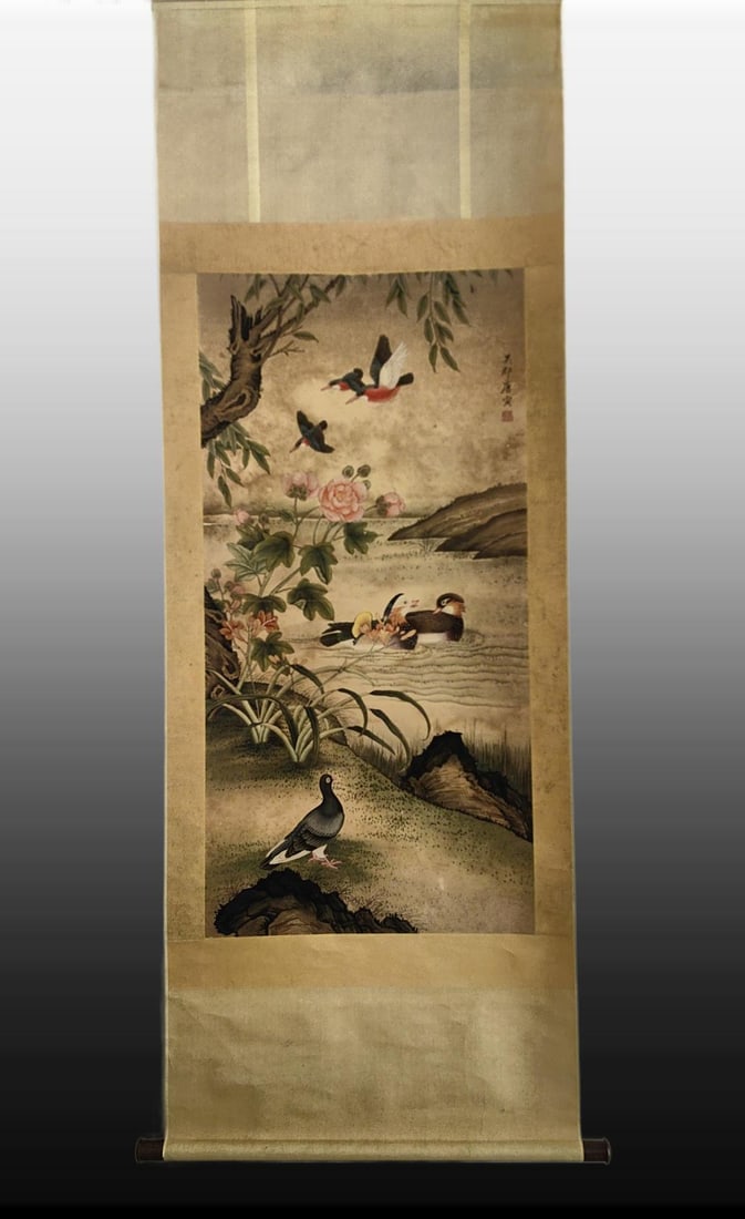A Chinese Vertical Scroll Ink Painting of Flowers and Birds on Silk (1 of 6)