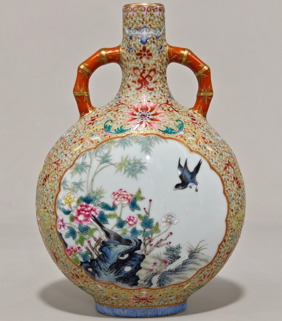A Exquisite Famille-Rose Flower and Bird Pattern Double-Ears Vase: A Exquisite Famille-Rose Flower and Bird Pattern Double-Ears Vase,Qing Dynasty, China,Qianlong Six-character Mark,Size:8.3inx5.9in