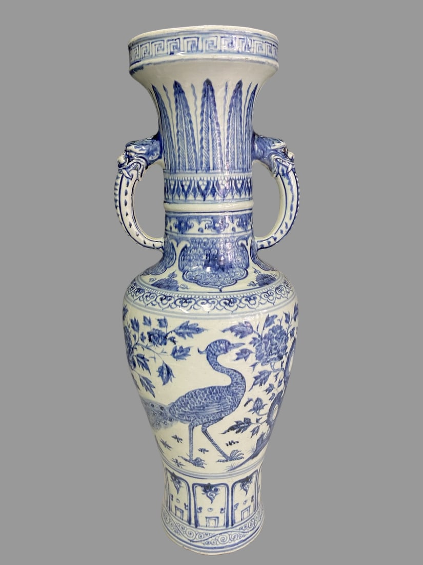 A Exquisite Blue and White Peacock Pattern Elephant-Ears Vase: A Exquisite Blue and White Peacock Pattern Elephant-Ears Vase,Ming Dynasty, China,Size:24inx6.5in 中国明代,青花孔雀纹象耳瓶