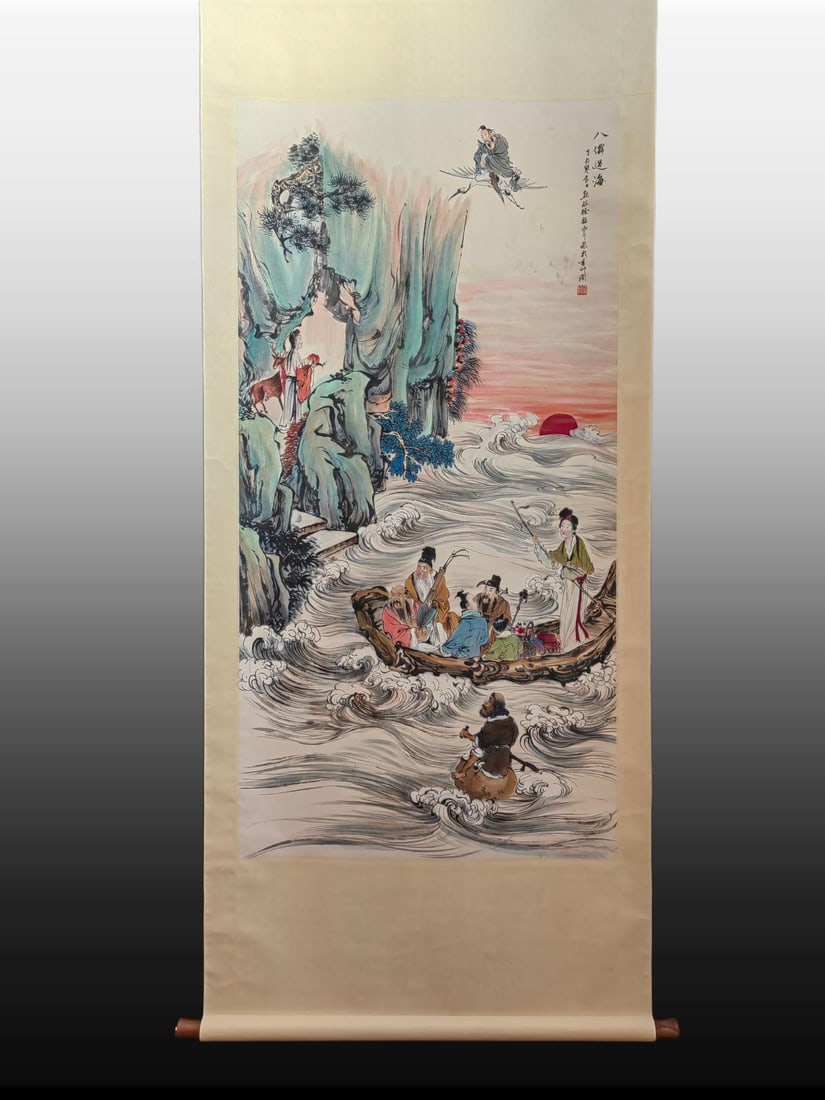 A Chinese Vertical Scroll Ink Painting of Figures on Paper: A Chinese Vertical Scroll Ink Painting of Figures on Paper,Modern Time of China,Xu Cao,without frame size:26.9inx53.9in