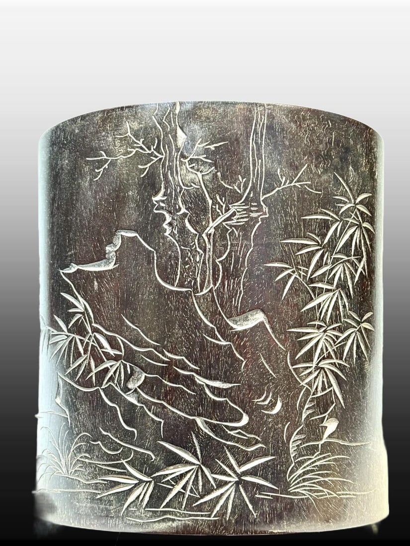 A Exquisite Small Leaf Zitanwood Bamboo Pattern Brush Pot: A Exquisite Small Leaf Zitanwood Bamboo Pattern Brush Pot,Qing Dynasty, China,Size:7.9inx8.3in 小叶紫檀竹子纹笔筒,中国清代