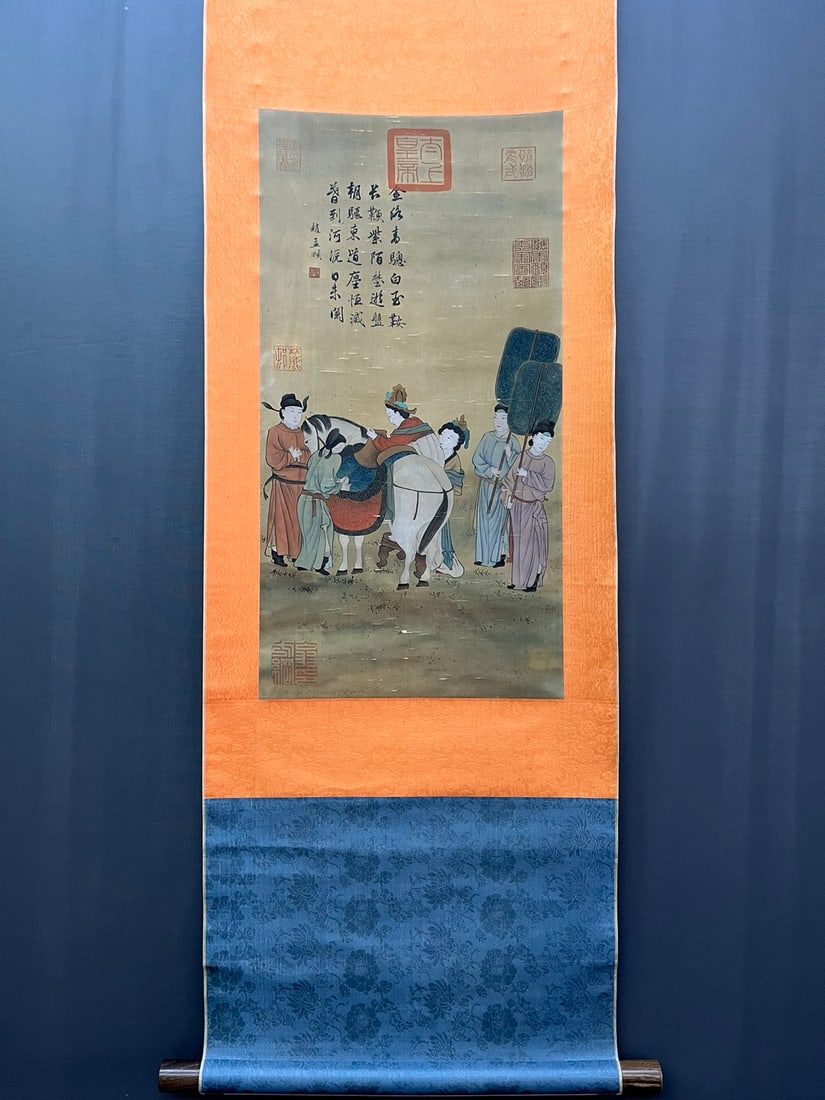 A Chinese Vertical Scroll Ink Painting of Figures on Silk: A Chinese Vertical Scroll Ink Painting of Figures on Silk,Yuan Dynasty, China,Zhao Mengfu,without frame size:13.4inx26in