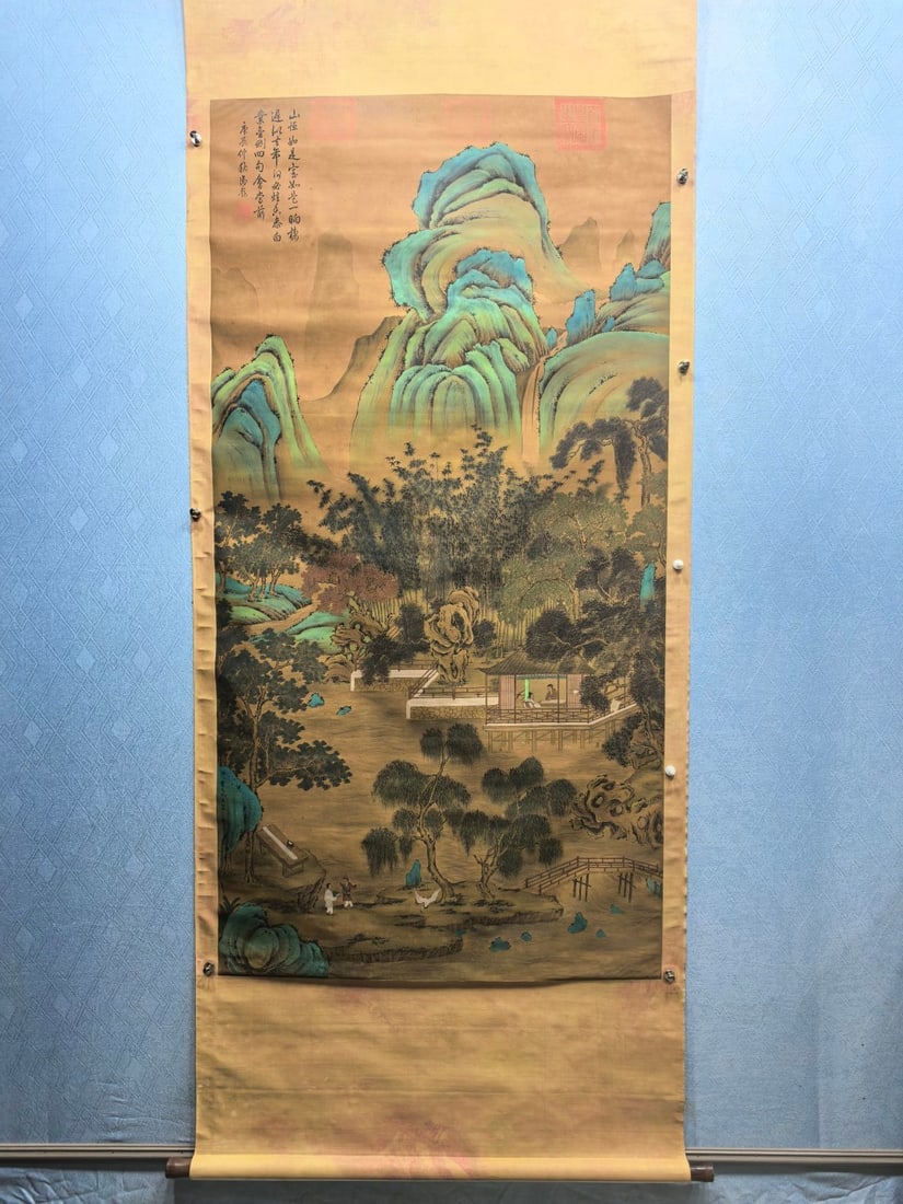 A Chinese Vertical Scroll Ink Painting of Landscape on Silk: A Chinese Vertical Scroll Ink Painting of Landscape on Silk,Ming Dynasty, China,Qiu Ying,without frame size:34.4inx66.5in