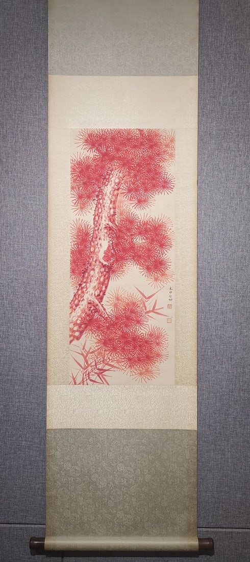 A Chinese Vertical Scroll Ink Pine and Bamboo Painting on Paper: A Chinese Vertical Scroll Ink Pine and Bamboo Painting on Paper,Modern Time of China,Qi Gong,without frame size:32.7inx13.4in