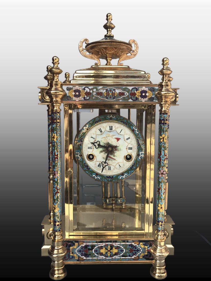 A Exquisite Bronze Cloisonne Mechanical Pendulum Clock: A Exquisite Bronze Cloisonne Mechanical Pendulum Clock,Modern Time of China,Size:10.6inx5.9inx18.9in 铜景泰蓝机械摆钟,近现代