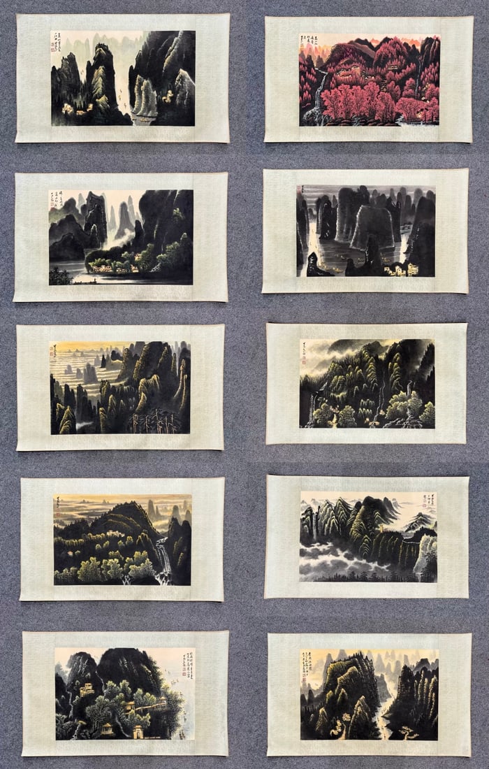 A Set of Chinese Ink Paintings of Landscape on Paper: A Set of Chinese Ink Paintings of Landscape on Paper,Modern Time of China,Li Keran,without frame size:17.7inx27.2in 一套中国水墨纸本山水