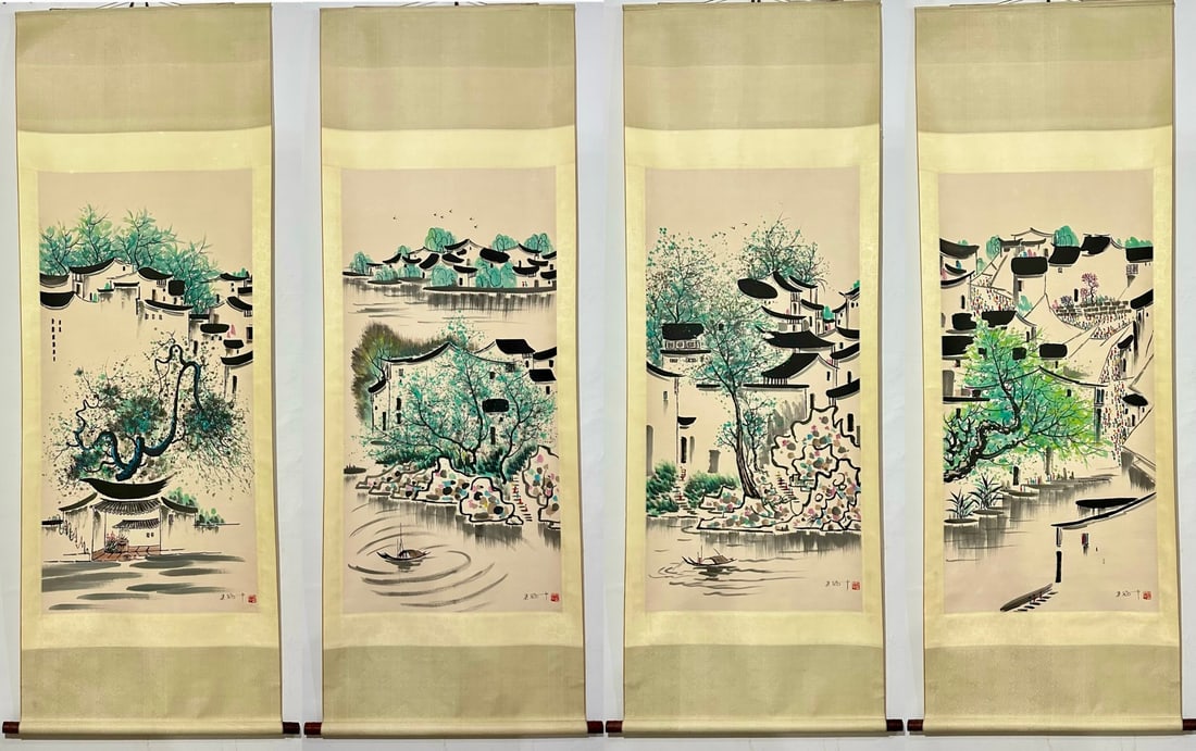 A Set of Chinese Vertical Scroll Ink Paintings of Landscape on Paper: A Set of Chinese Vertical Scroll Ink Paintings of Landscape on Paper,Modern Time of China,Wu Guanzhong,without frame size:54.3inx26.8in