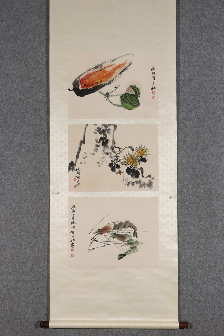 A Chinese Vertical Scroll Ink Painting of Flower and Fruit on Paper: A Chinese Vertical Scroll Ink Painting of Flower and Fruit on Paper,Modern Time of China,Zhang Dazhuang,without frame size:13.8inx17.7in