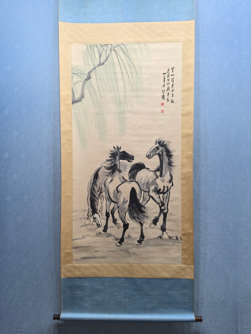 A Chinese Vertical Scroll Ink Painting of Horses on Paper: A Chinese Vertical Scroll Ink Painting of Horses on Paper,Modern Time of China,Xu Beihong,without frame size:26.7inx53.7in