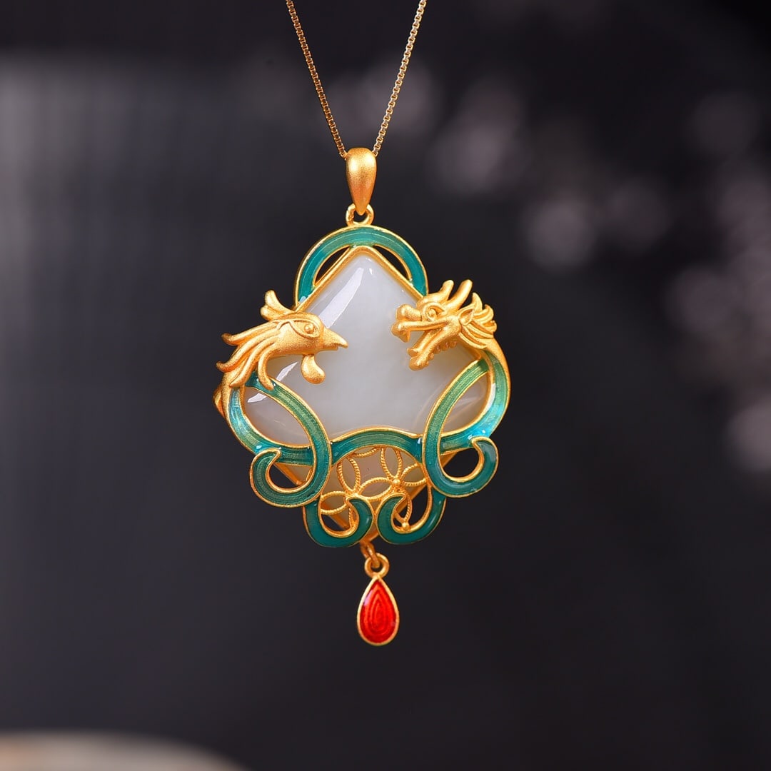 A Exquisite Silver-Inlaid Hotan Jade Dragon and Phoenix Pendant (1 of 4)