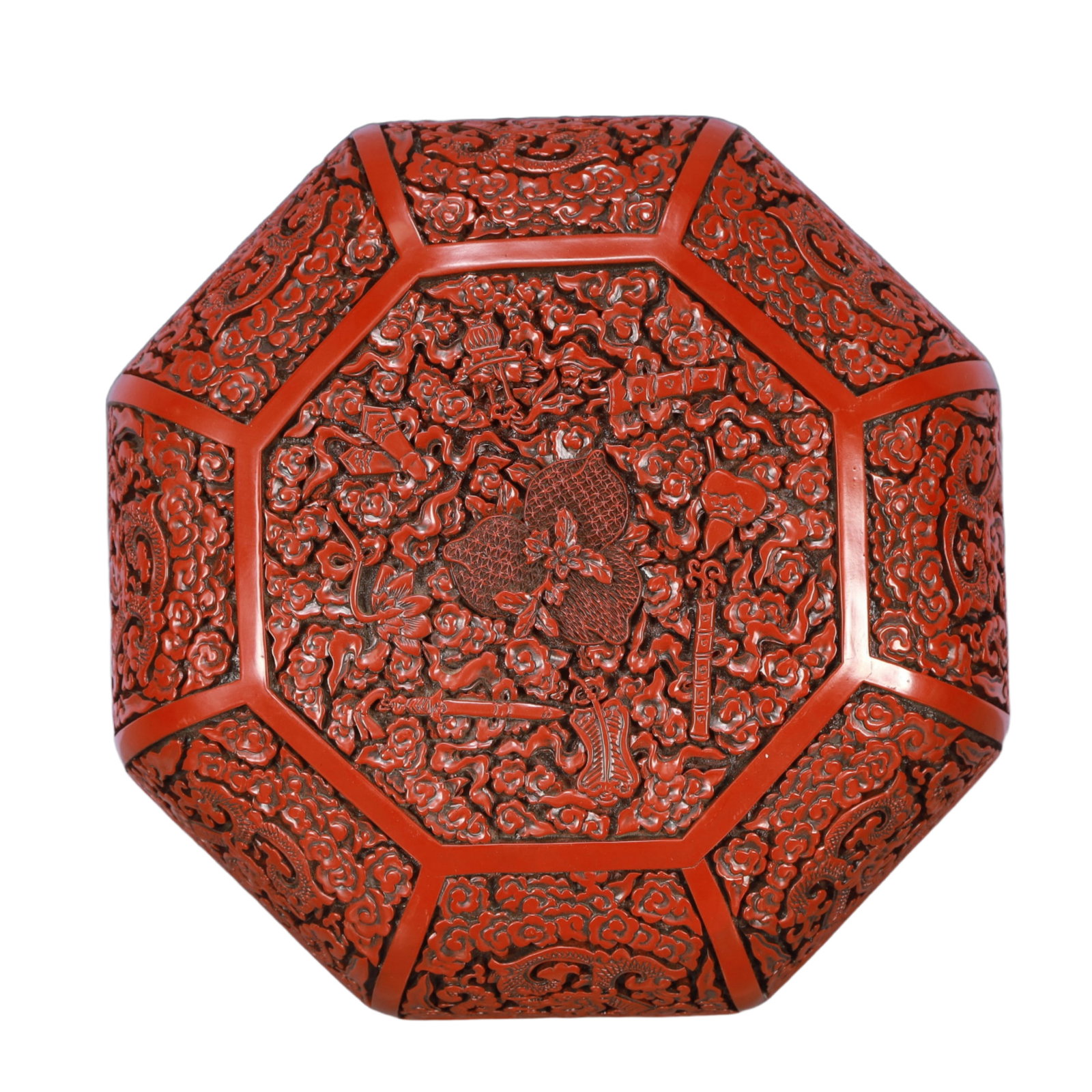An Exquisite Carved Red Lacquer Eight Treasures and Dragon Pattern Cover Box - 5