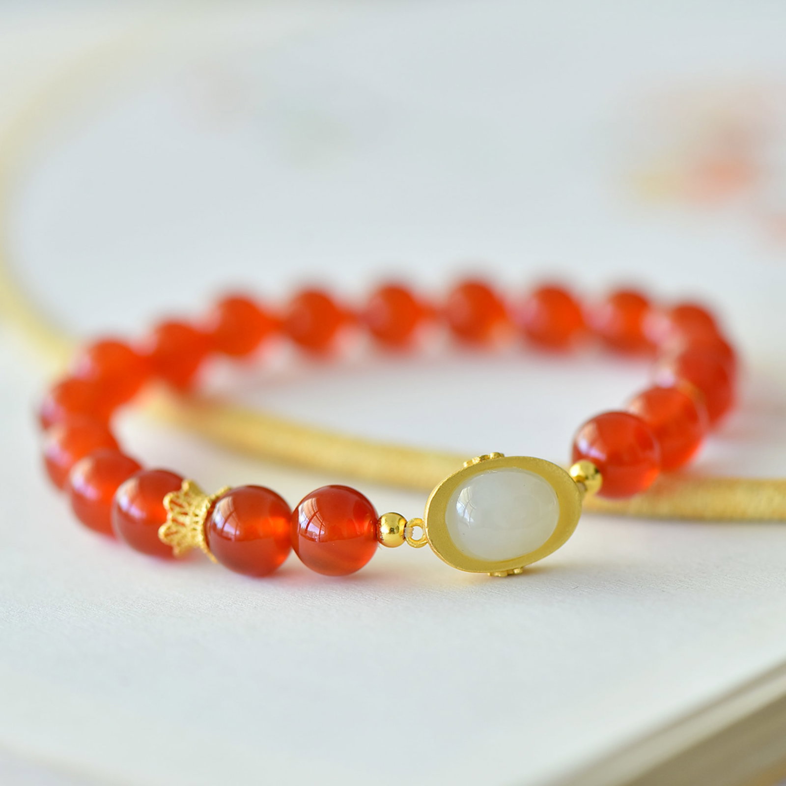 An Exquisite Sterling Silver-Gold Plated Inlaid Agate Bracelet,Inlaid White Jade - 2