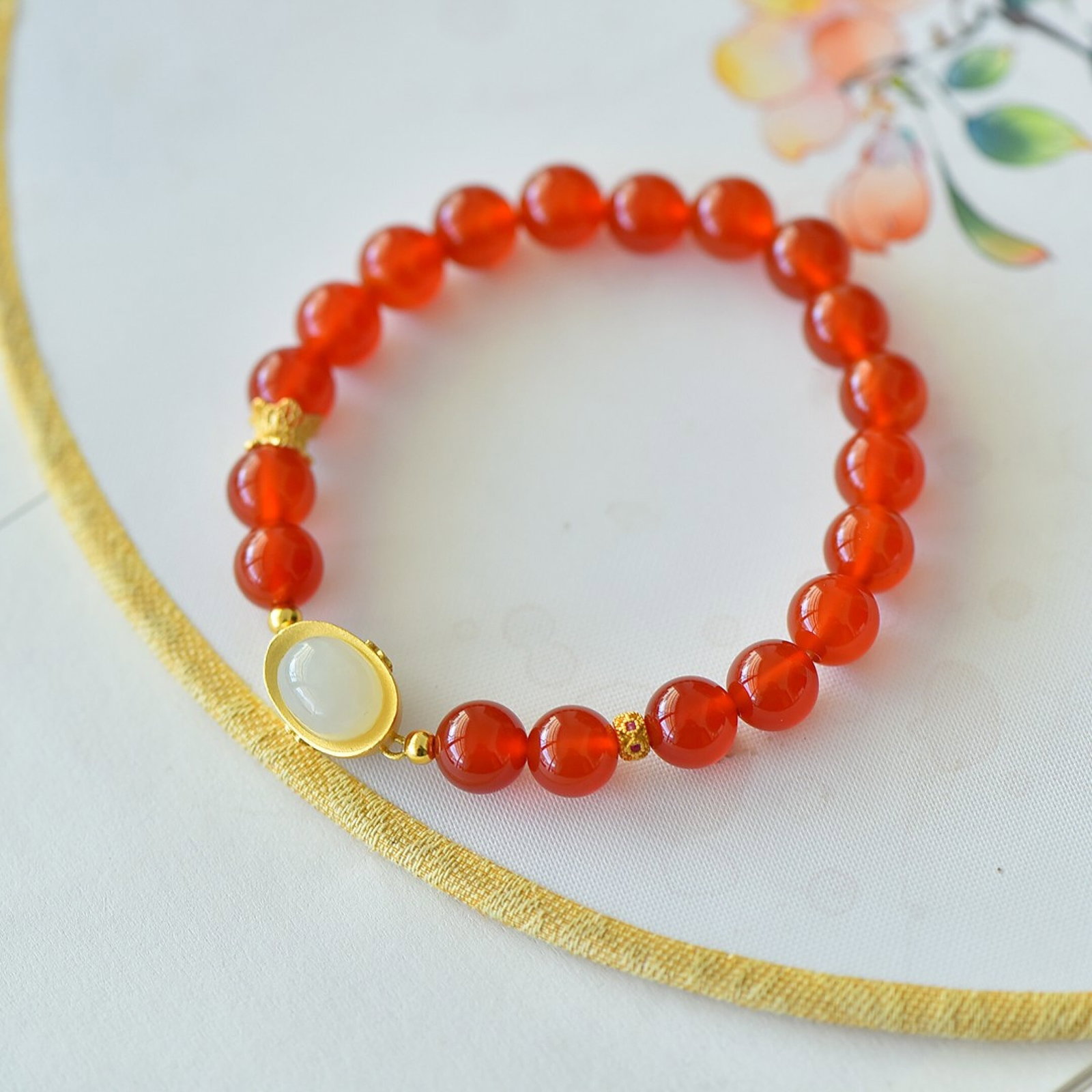An Exquisite Sterling Silver-Gold Plated Inlaid Agate Bracelet,Inlaid White Jade - 3