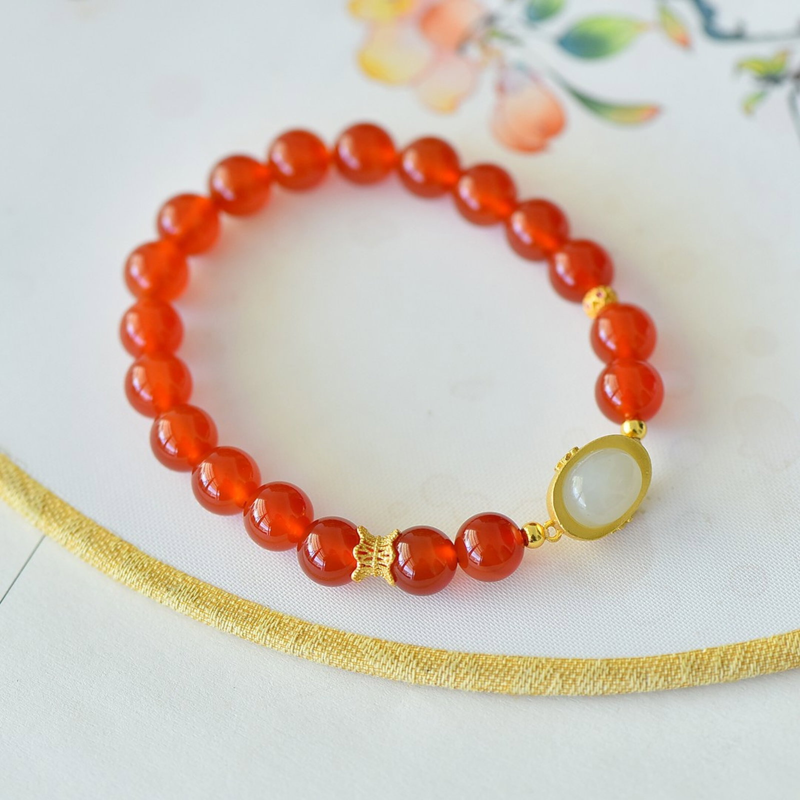 An Exquisite Sterling Silver-Gold Plated Inlaid Agate Bracelet,Inlaid White Jade - 4
