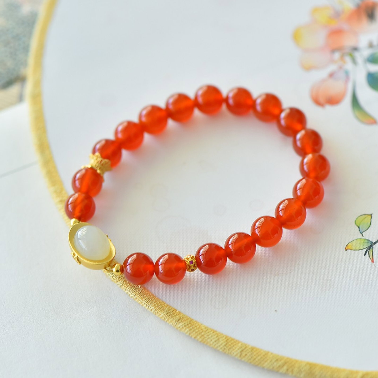 An Exquisite Sterling Silver-Gold Plated Inlaid Agate Bracelet,Inlaid White Jade - 5