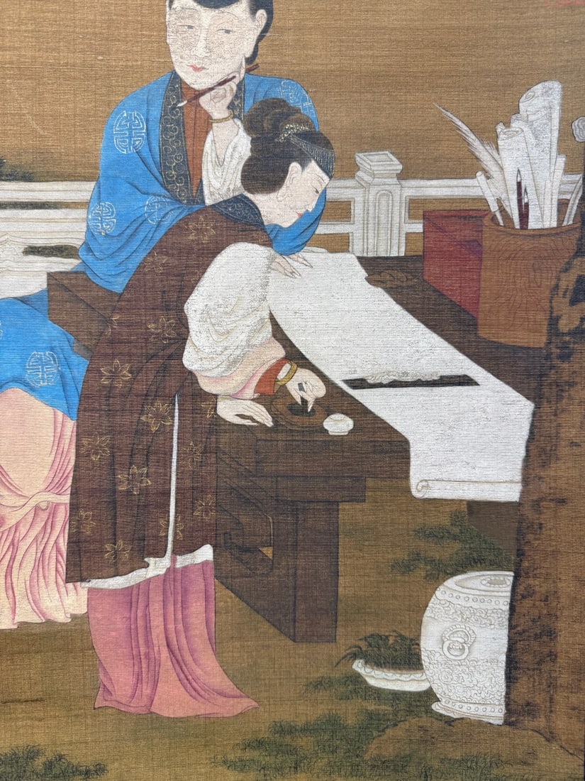 A Chinese Vertical Scroll Ink Painting of Figure on Silk,Tang Yin - 8